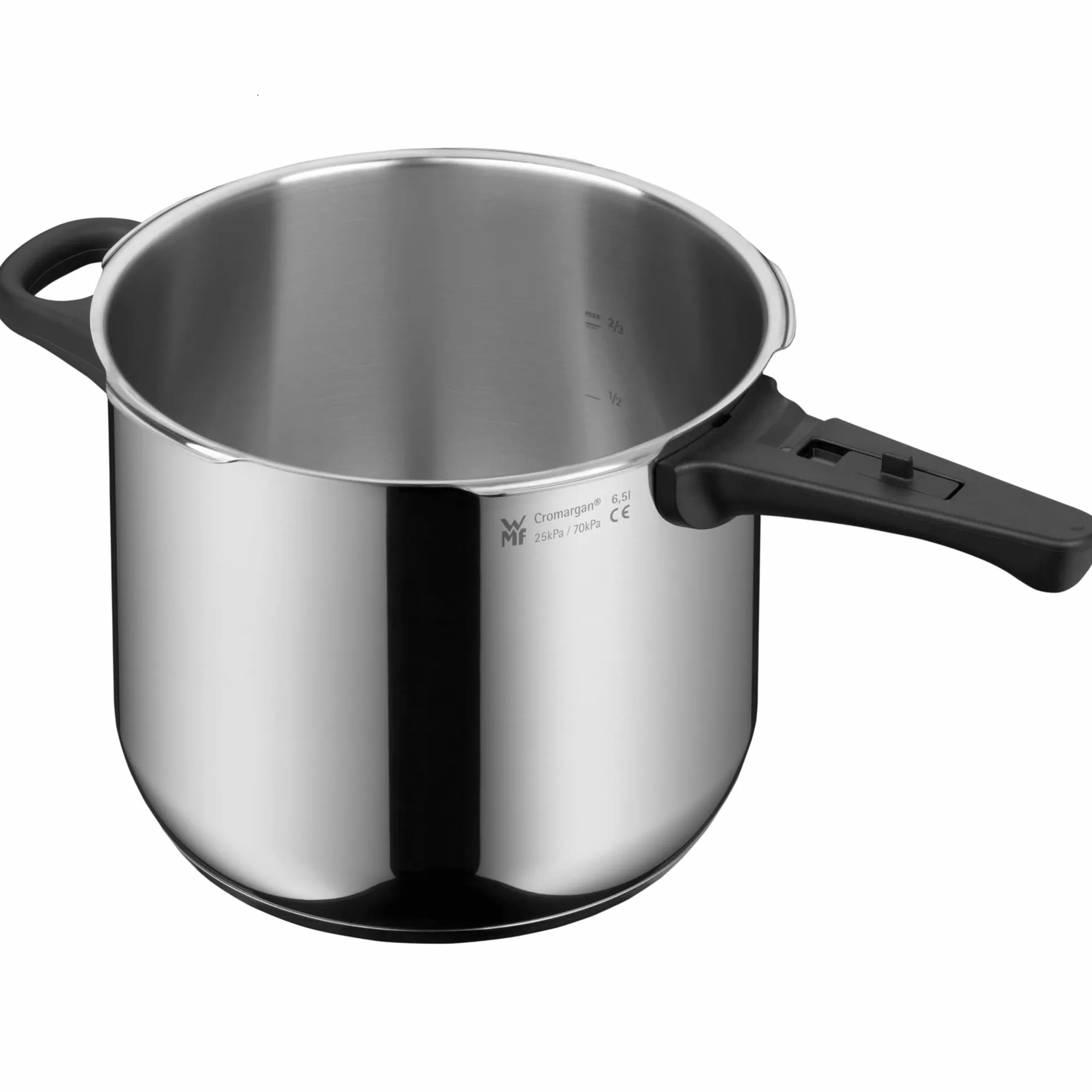 WMF Perfect - Pentola a pressione a induzione, 6,5 l, grande segnale di cottura, 2 livelli di cottura, manico con coperchio rimovibile, acciaio INOX Cromargan