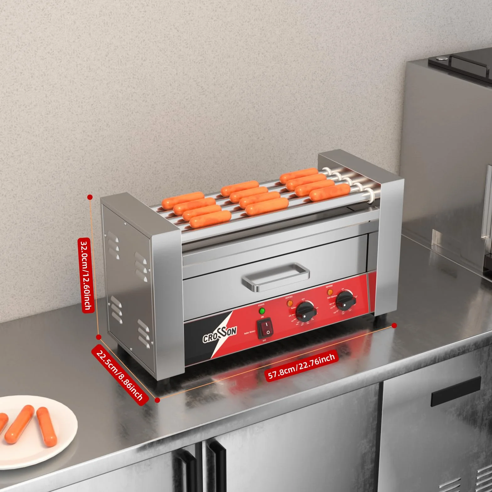 CROSSON Macchina Hot Dog Professionale 5 Rouley con Cassetta Riscaldante per Panini,12 Hotdogs Rullo Elettrico per Hot Dog con Controllo della Temperatura,1050W