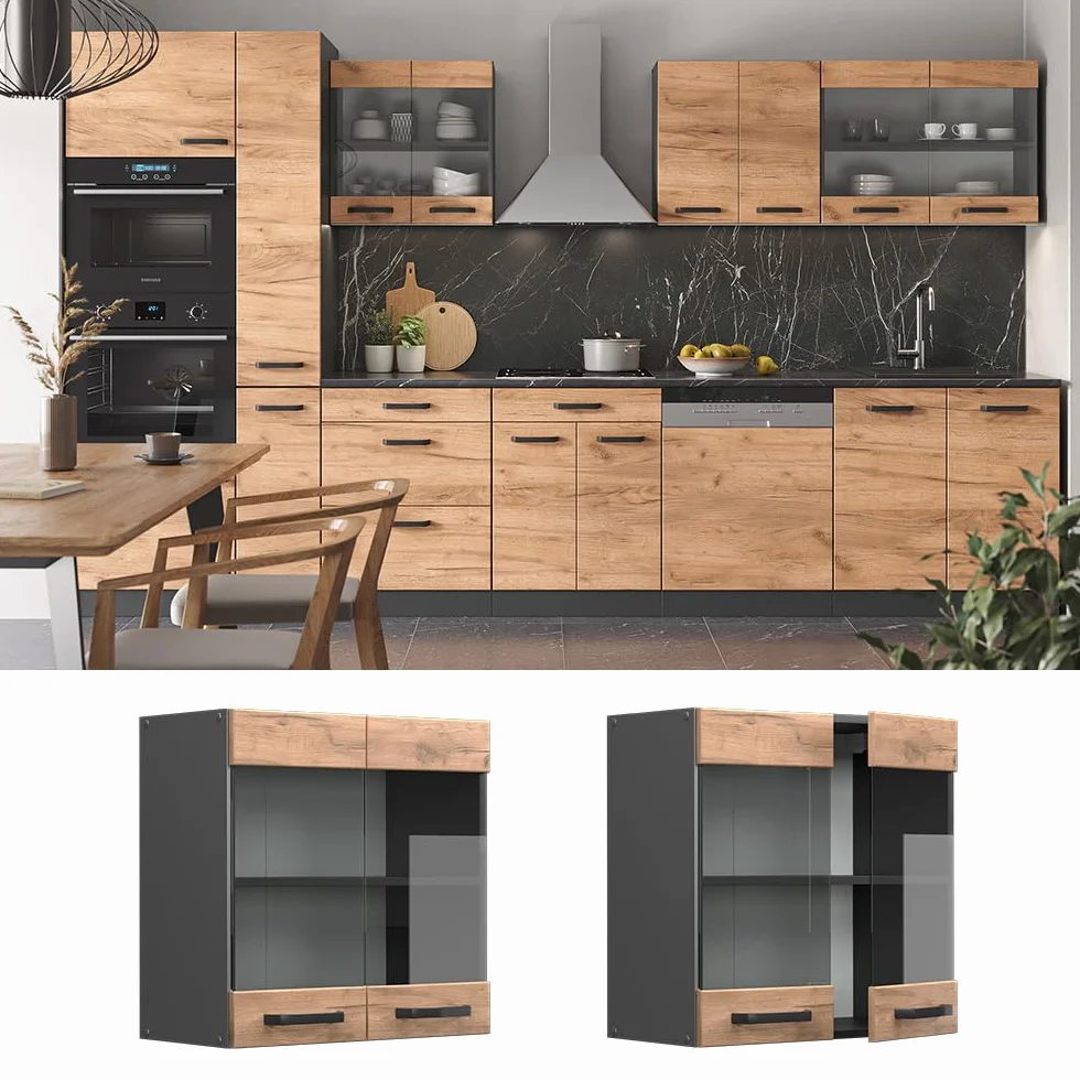 Vicco Mobile da cucina in vetro R-Line, Rovere dorato, 60 cm, per la libera combinazione all'interno di sistemi cucina modulari