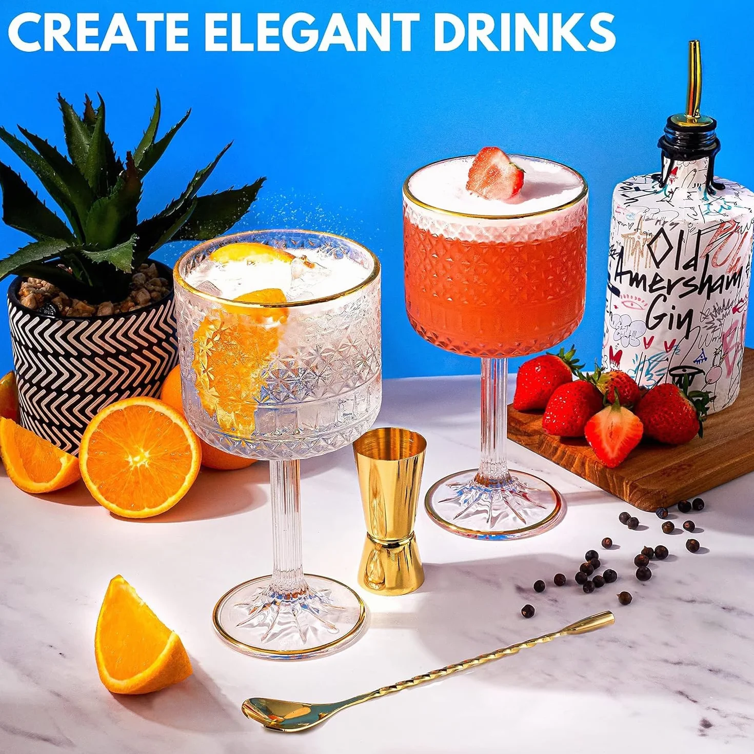 Set Bicchieri Gin Tonic di Lusso 450ml con Decorazioni Dorate, 3 Bordi Oro, Cucchiaio Bar e Misurino Kit Regalo