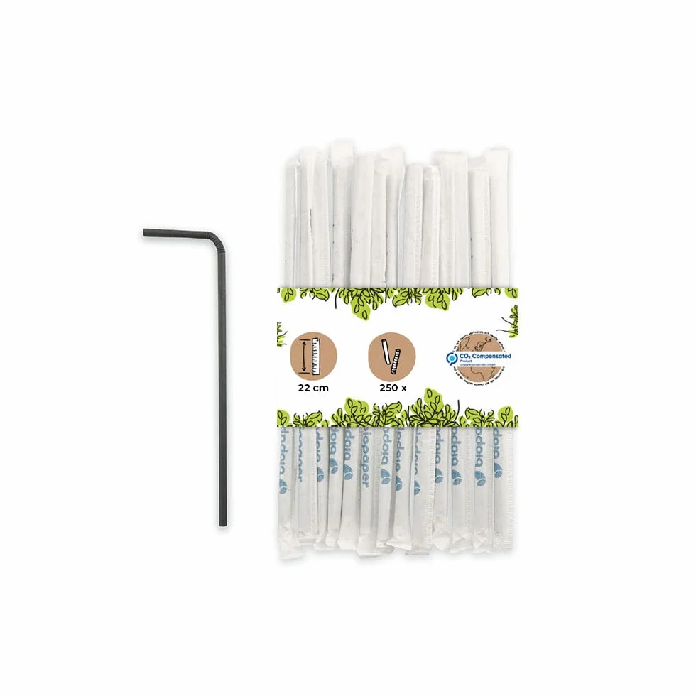 BIOZOYG Cannucce di carta, 22 cm, cannuccia nera, diametro 5 mm, biodegradabili, per cocktail, confezionate singolarmente, 250 pezzi