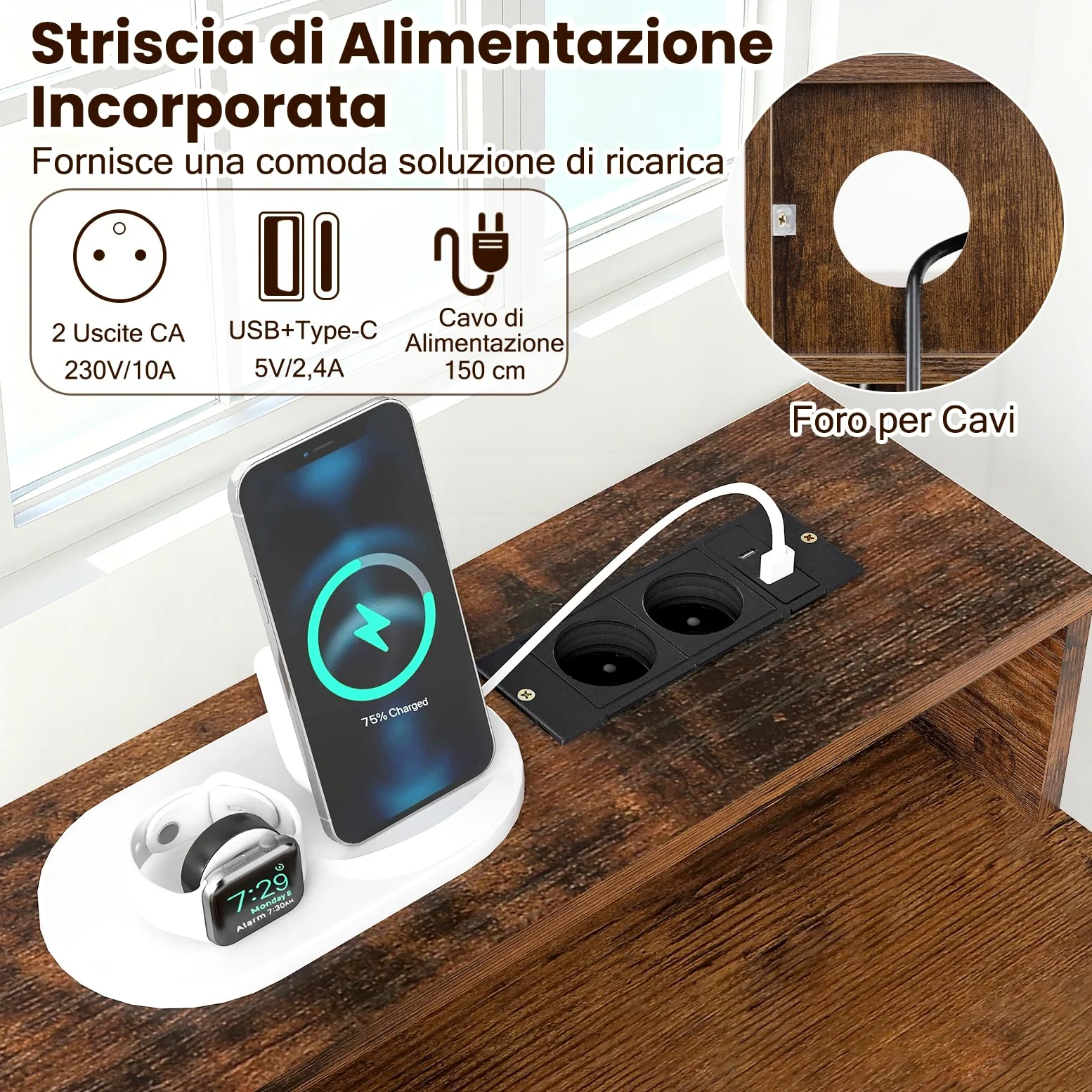 COSTWAY Scrivania Salvasapzio per Computer con Stazione di Ricarica 106 x 48 cm, Mensola sopra Tavolo, Cassetto e Libreria Laterale a 2 Ripiani, Tavolo Industriale per Ufficio e Casa (Marrone Rustico)