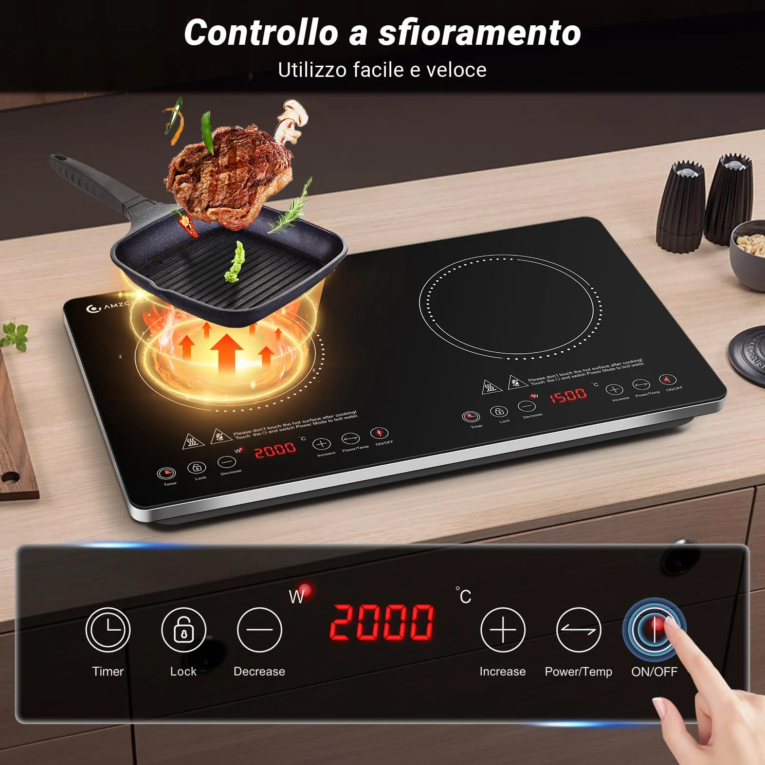 AMZCHEF Piastra Induzione 2 Fuochi Con IGBT Importato, 20 Livelli di Temperatura, 20 e 15 Livelli di Potenza, 3500W Piano Cottura Con Timer di 4 Ore, Blocco di Sicurezza
