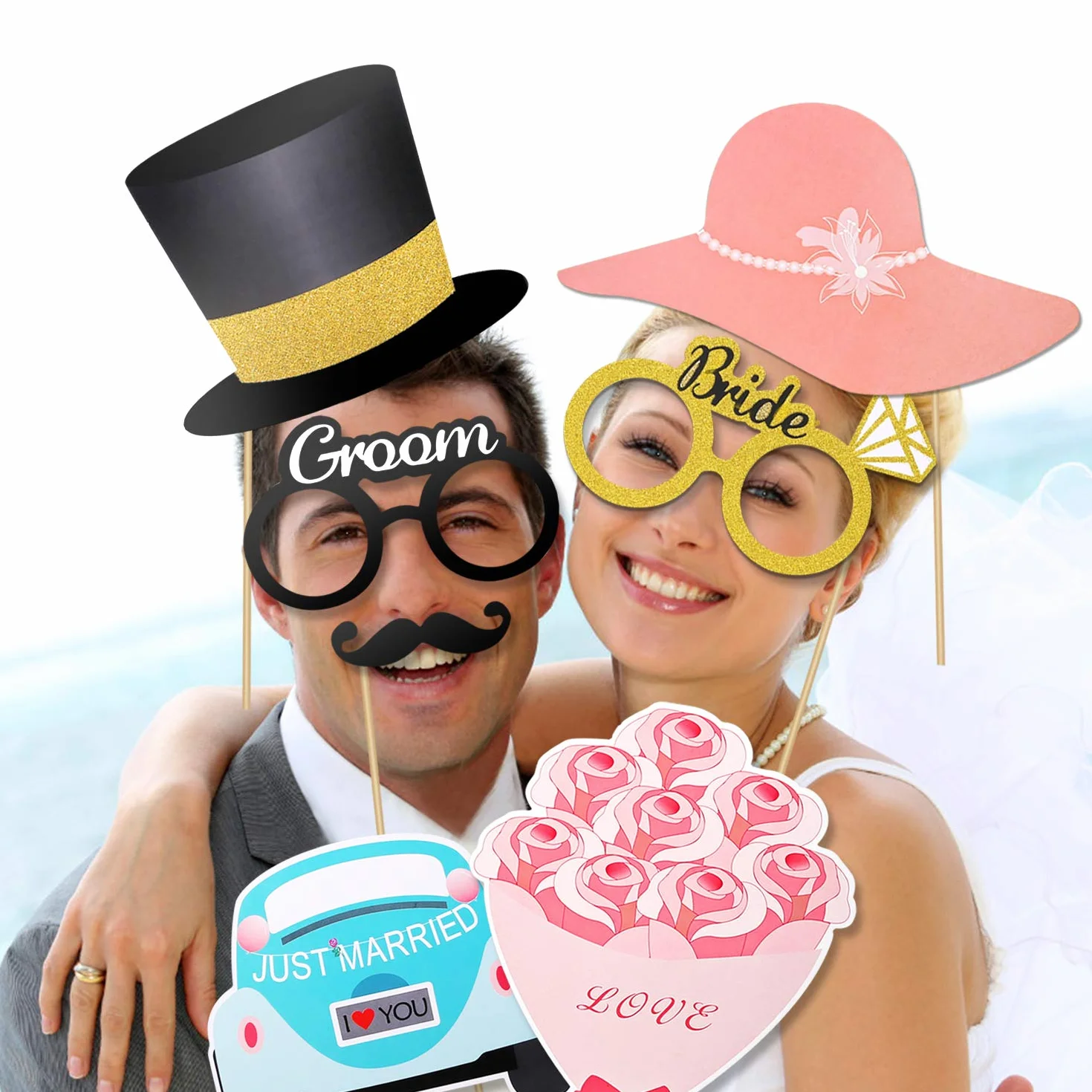 Konsait Matrimoni Photo Booth Kit 52 sztuk Akcesoria Fai da Te Puntelli Maschere Baffi Cappello Occhiali