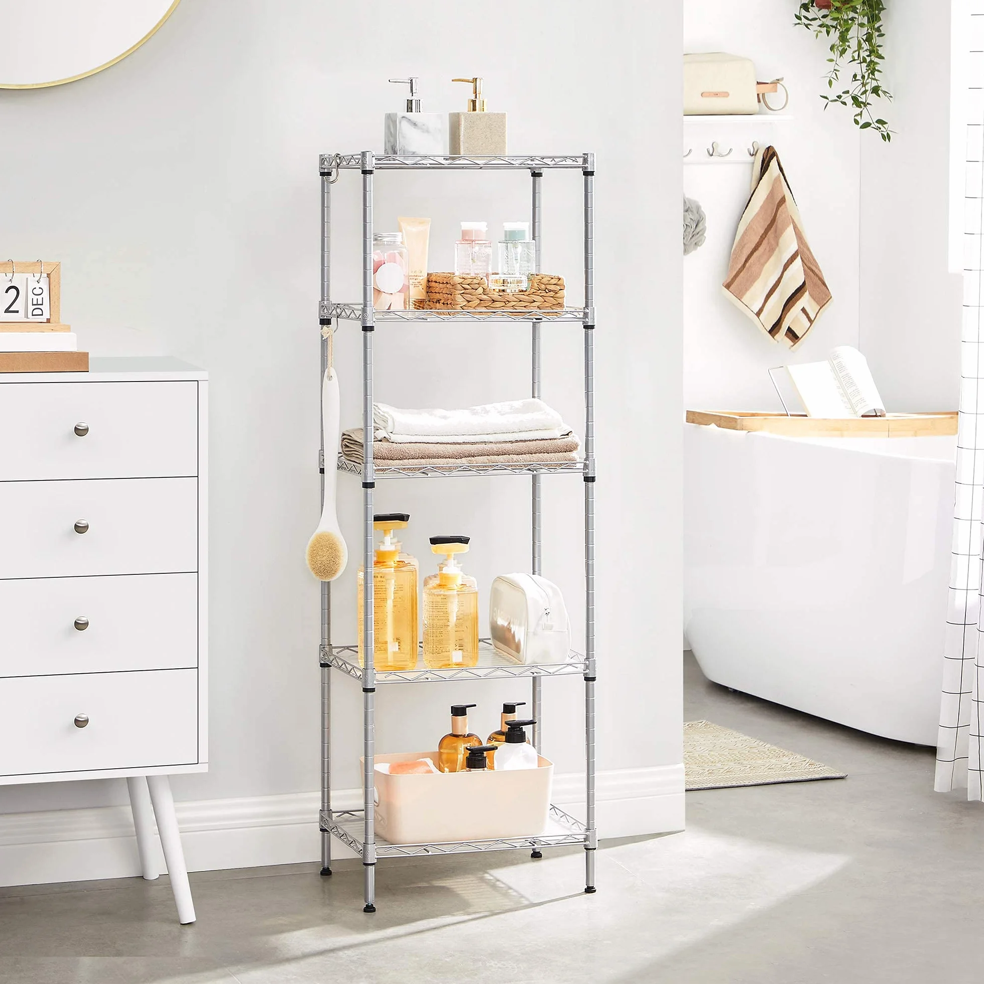 SONGMICS Mensola da cucina a 5 livelli, 8 ganci, regolabile in altezza, metallo, argento LGR115E01