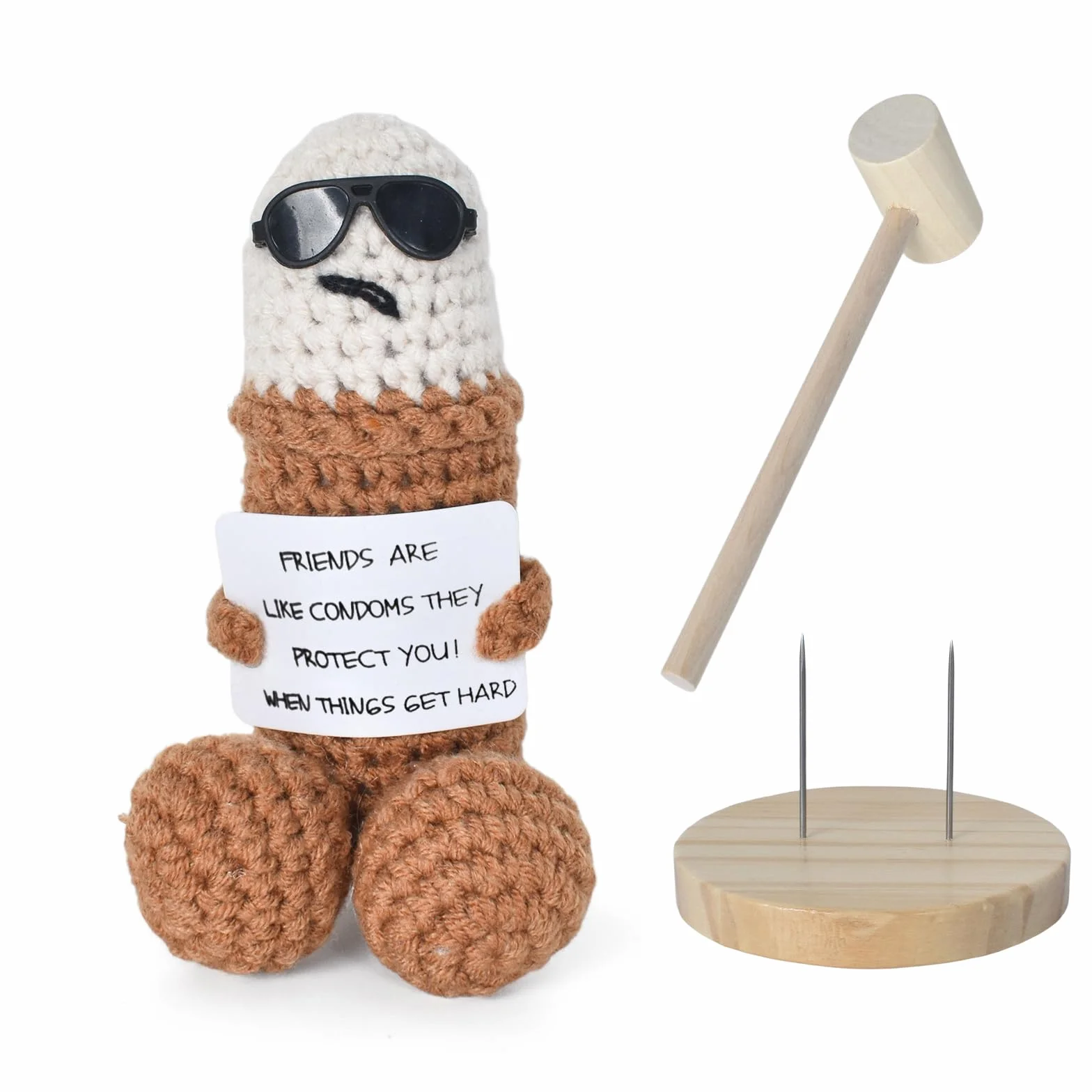 Naapesi Bambola Patata Amigurumi Divertente all’Uncinetto con Base in Legno e Mini Martello – Pupazzo Fatto a Mano con Frase Positiva – Decorazione da Scrivania o Regalo Motivazionale