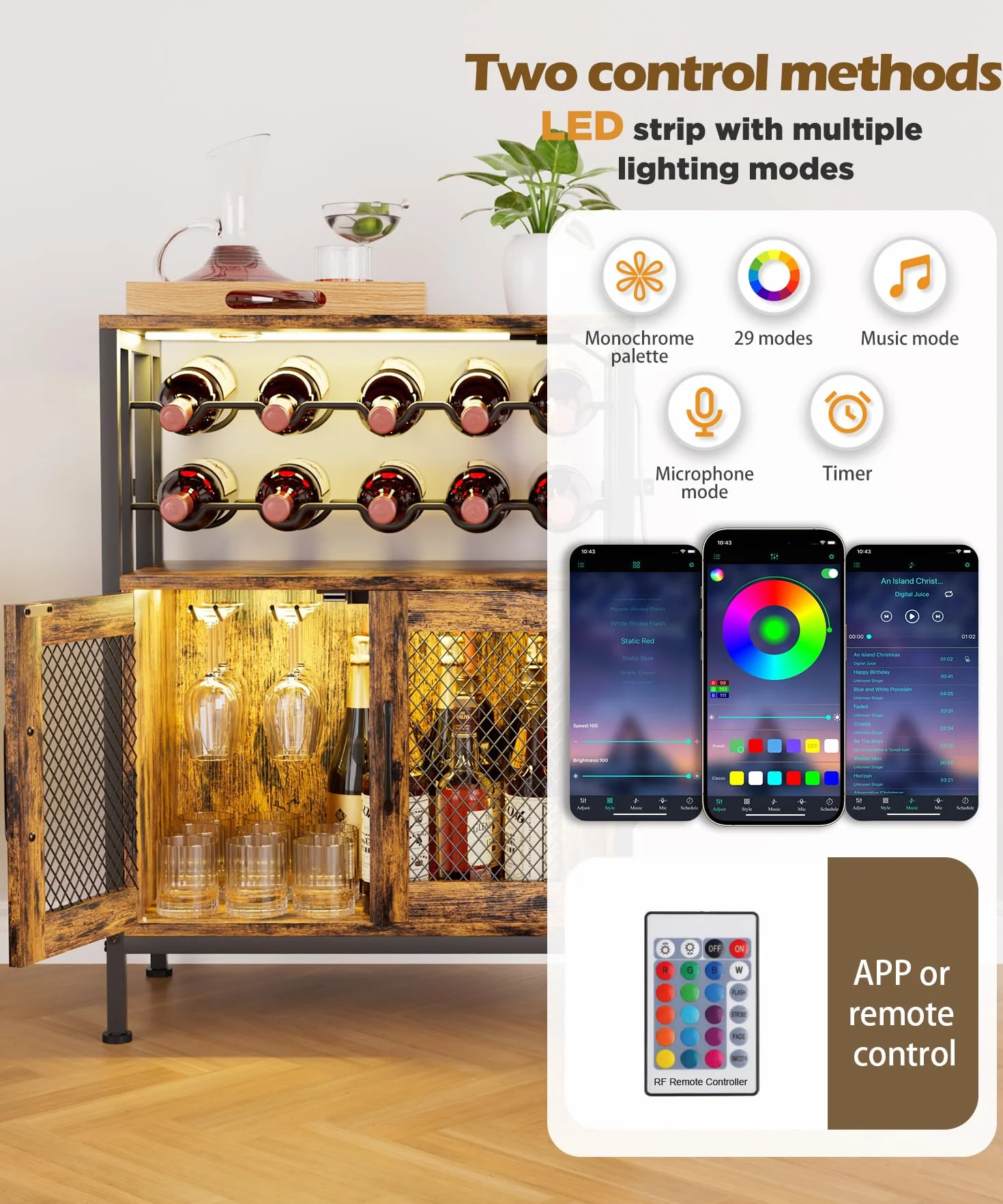 Yorbay Mobili Portabottiglie con Luci LED: Mobile Bar Autoportante con Anta a Griglia per 10 Bottiglie e 6 Bicchieri - Scaffale per Vini in Stile Industriale per Cucina Soggiorno Sala da Pranzo