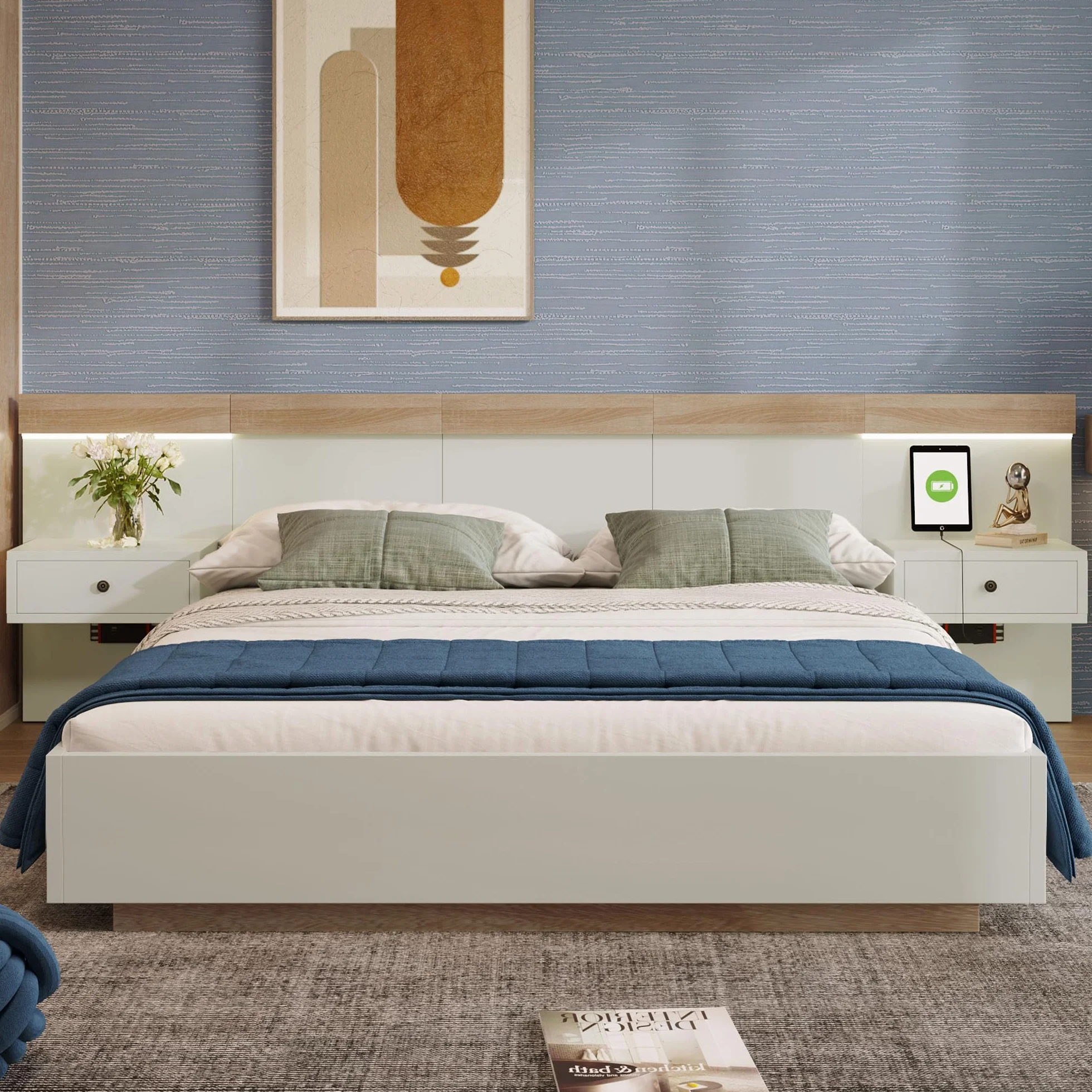 Sapgaks Letto 160 x 200 con doghe e testa,letto baule con 2 tavolini da notte a LED e presa USB, letto per 2 persone con stoccaggio, cornice doppia, set in rovere bianco (senza materasso)