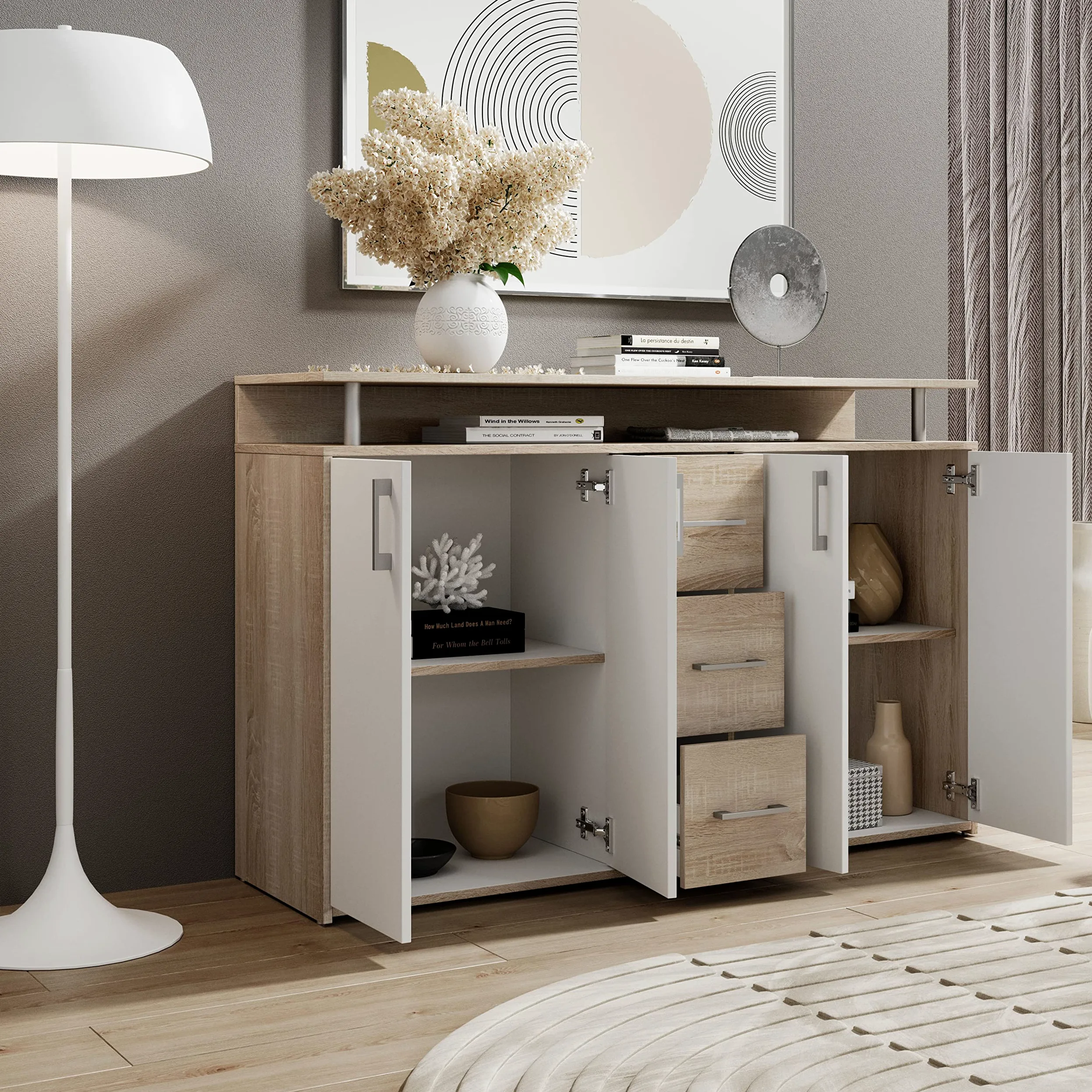 DRIFT, Credenza con ripiano simil rovere sonoma, bianco, elegantea e capiente credenza con cassettiera per la vostra zona giorno; 139 x 90 x 34 cm (L x A x P)