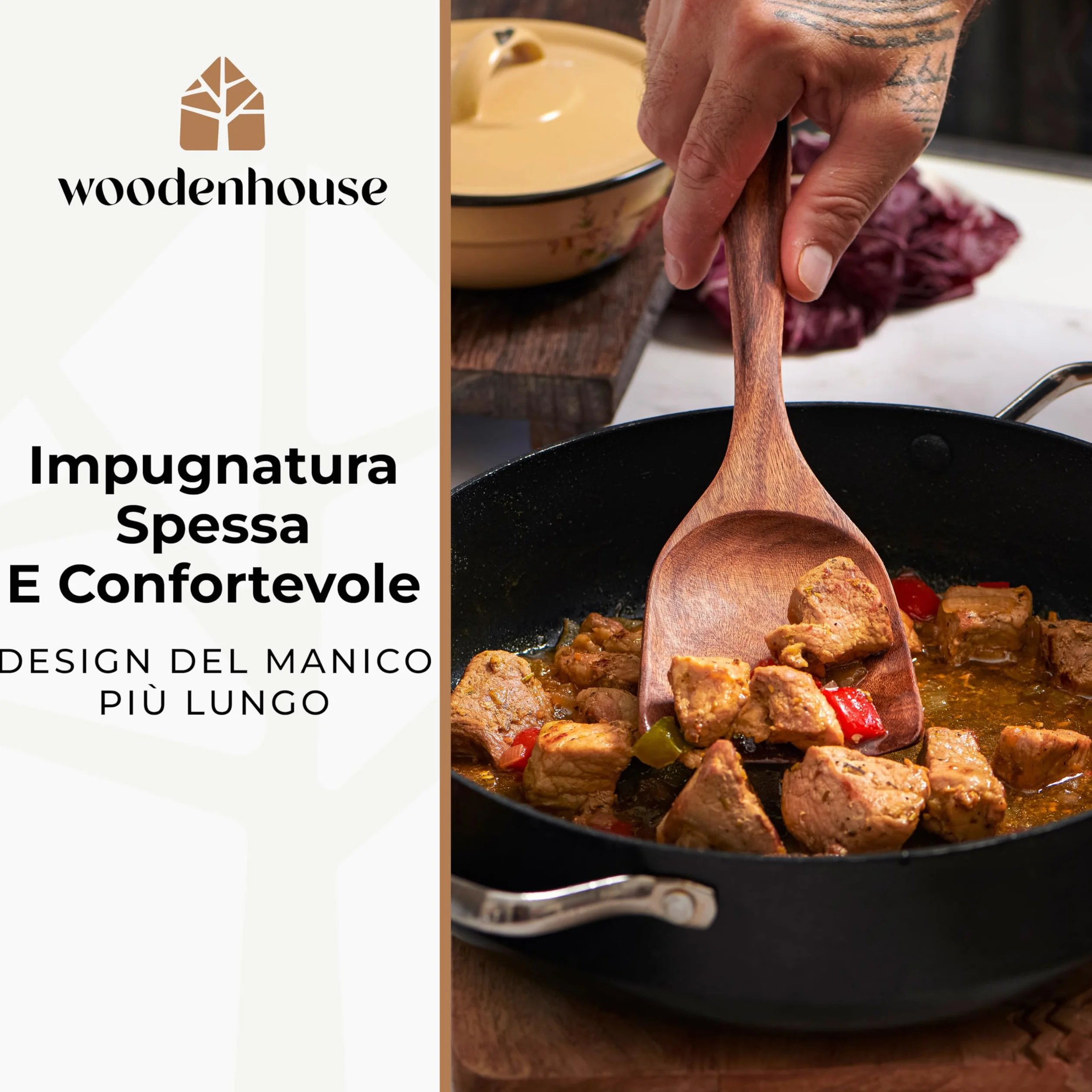 Woodenhouse - Set di 12 Pezzi di Utensili da Cucina in Legno di Teak con Supporto, Porta Cucchiaio e Ganci Nonstick