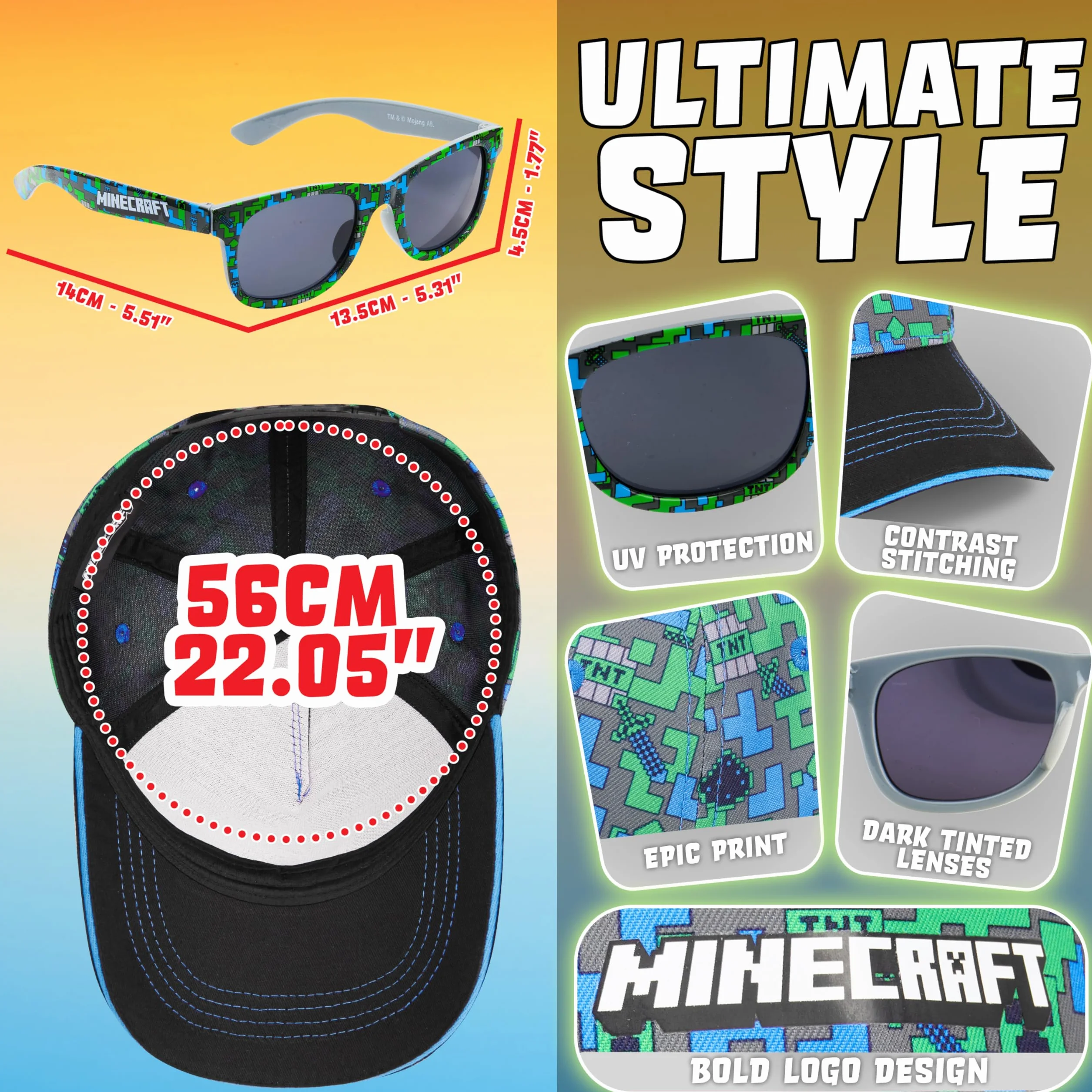 Pokemon Minecraft Super Mario Fortnite Okulary Przeciwsłoneczne dla Dzieci i Czapka Baseballowa Zestaw UV400