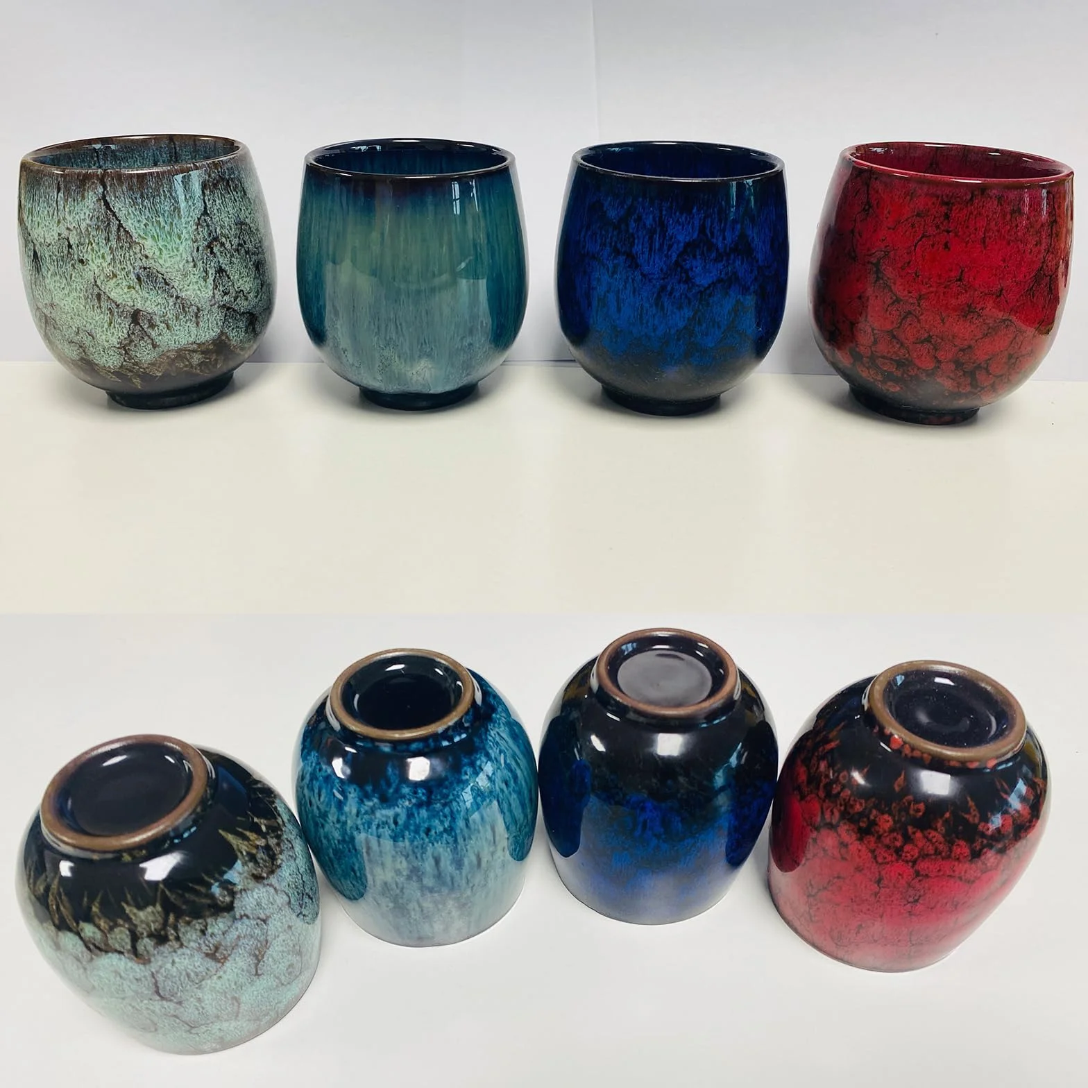 Set di tazze da tè in ceramica giapponese fatte a mano, 4 pezzi, smaltata multicolore flambed