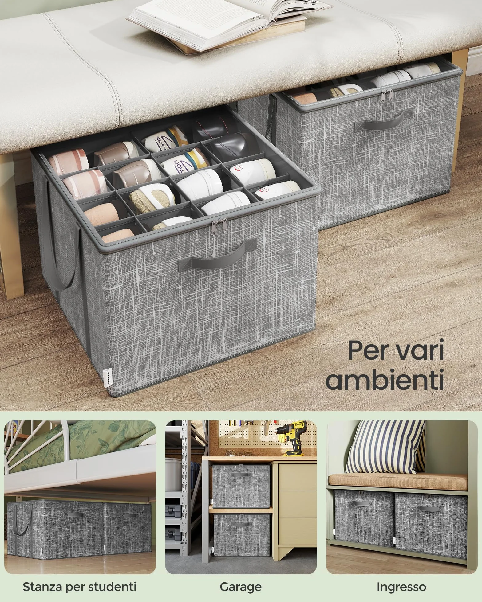 SONGMICS Organizer Scarpe Set di 2 Scatole Contenitori Scarpe Coperchio Trasparente Grigio Giunco