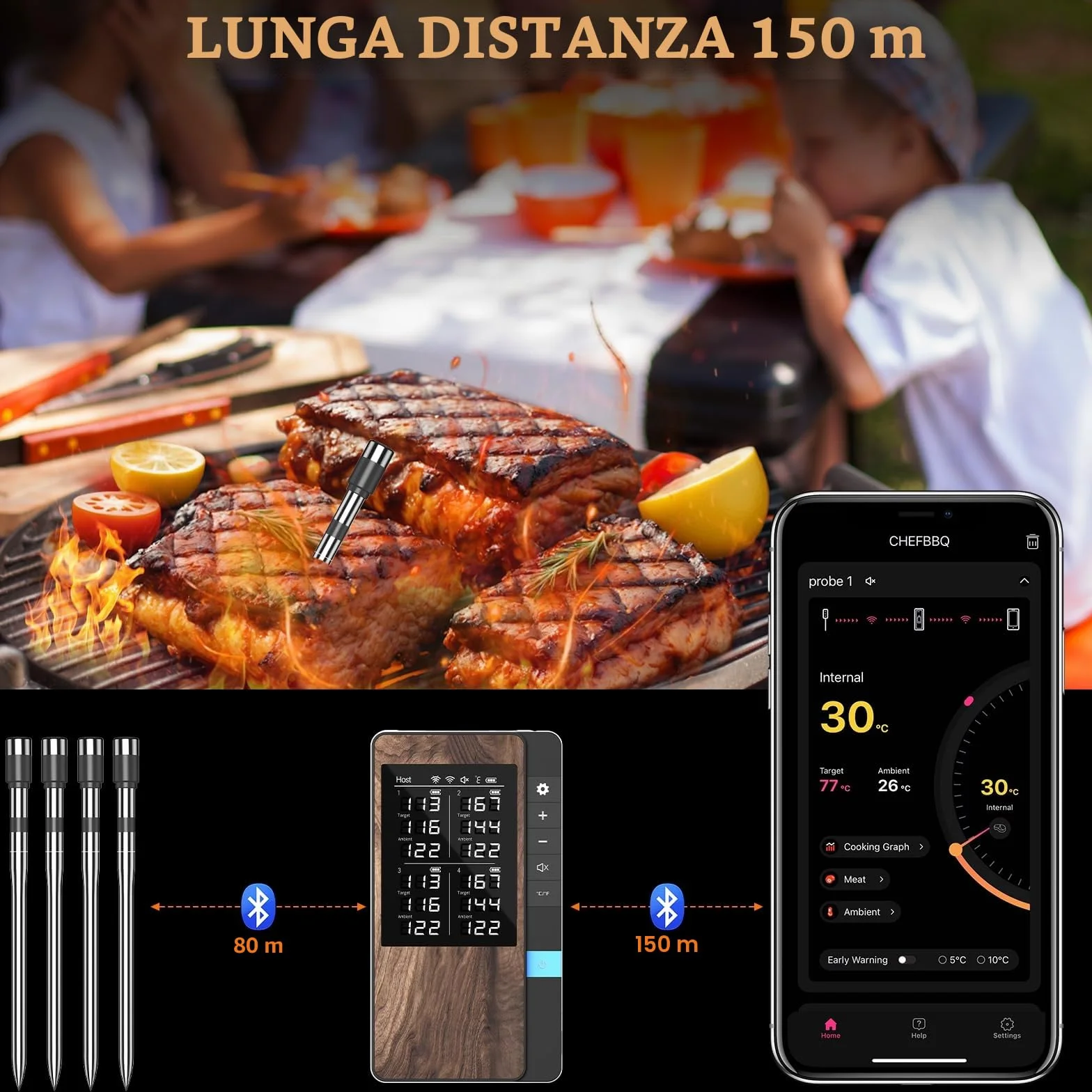 Termometro Carne Confezione da 4, Termometro BBQ con APP, IP67 Impermeabile Termometro Carne Wireless per Barbecue, Forno, Griglia, Cucina, Girarrosto