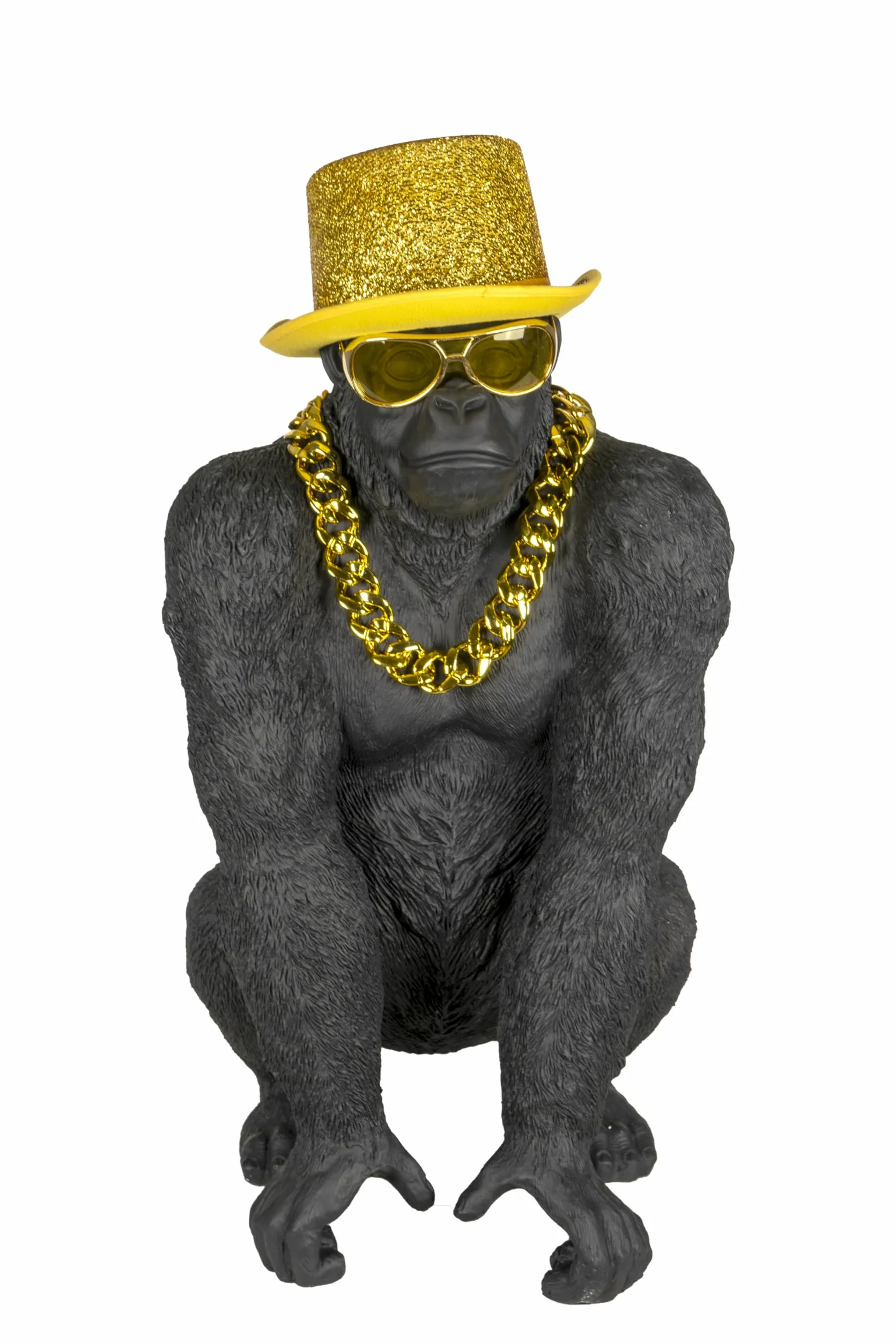 Bongo Gold – Statua Gorilla dorata di alta qualità, statuetta decorativa con occhiali e catena dorata – scultura di design XXL – creazione francese di eccezione per soggiorno ufficio