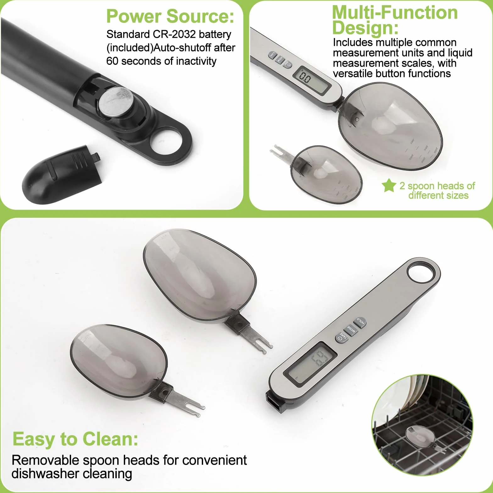 Cucchiaio bilancia digitale precisione misure da 0,1g a 500g 2 testa a cucchiaio diverse electronic spoon scale multifunzionale con diverse unità di misura frontale in acciaio inossidabile argentato