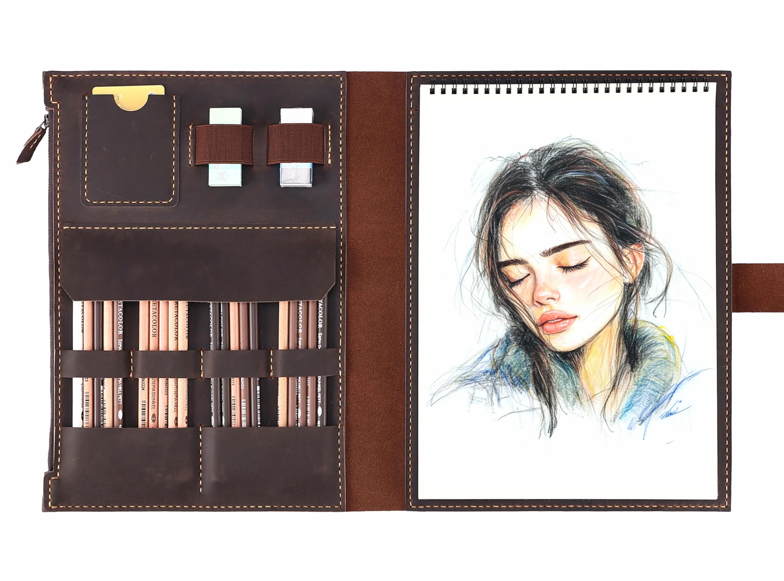 Fasjosma Copertina in pelle per album da disegno A4/22,9 x 30,5 cm, rilegatura a spirale, realizzata a mano, in vera pelle, con portamatite e tasca con cerniera, forniture professionali da disegno