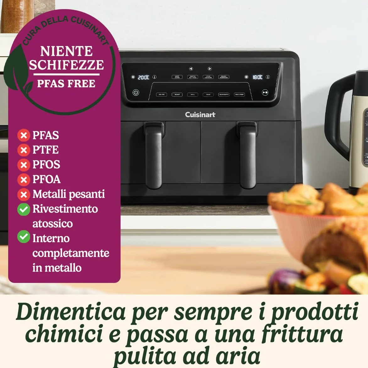 Cuisinart Air Fryer XXL Zona Doppia | Senza PFAS | Frigge, arrostisce, griglia, cuoce, disidrata | Doppio friggitrice ad aria doppio cestello 2x5,2L, oltre 8 porzioni | Parti lavabili in lavastoviglie