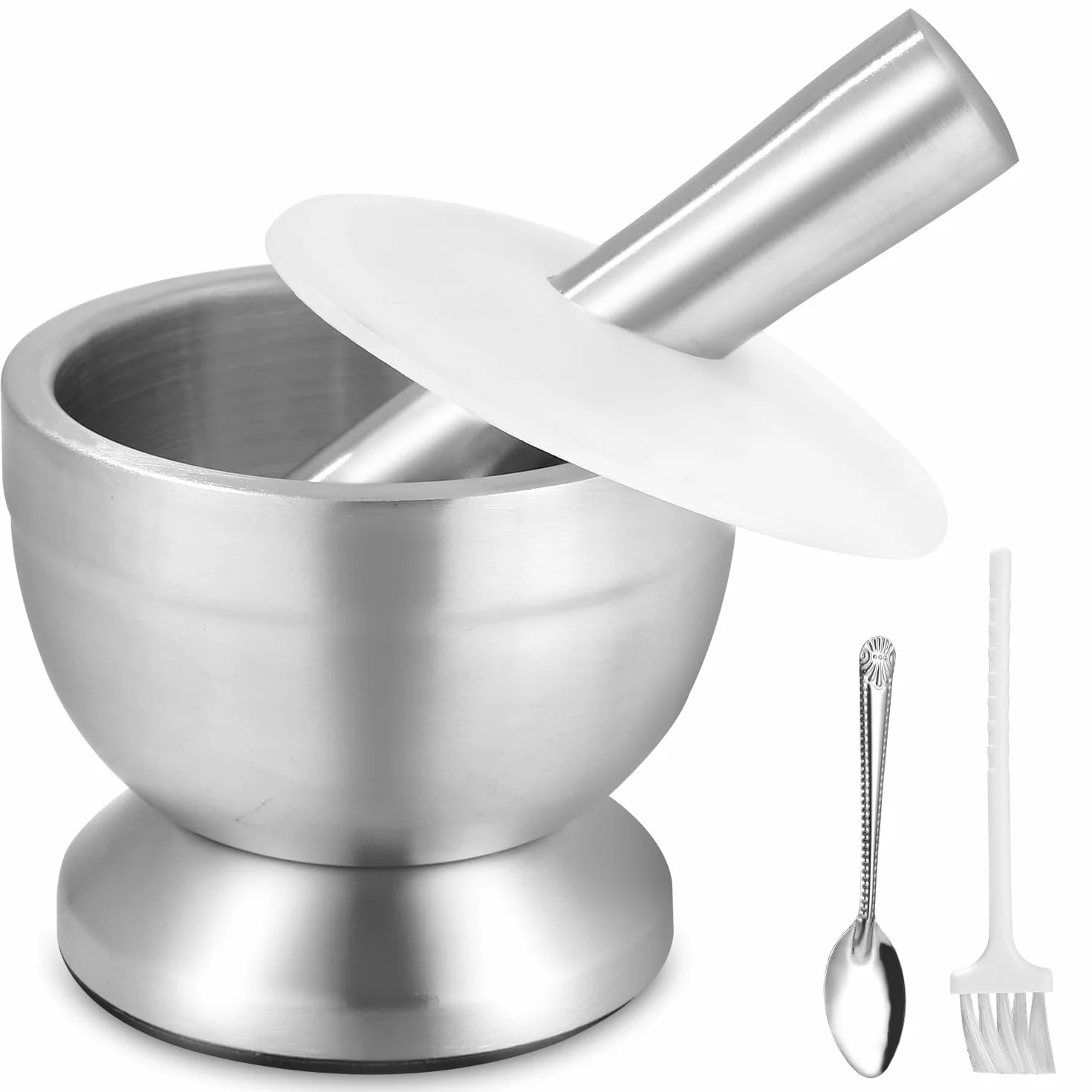 Set di Mortaio e Pestello 304 con Pennello, Cucchiaio e Coperchio in Silicone, Macinaspezie