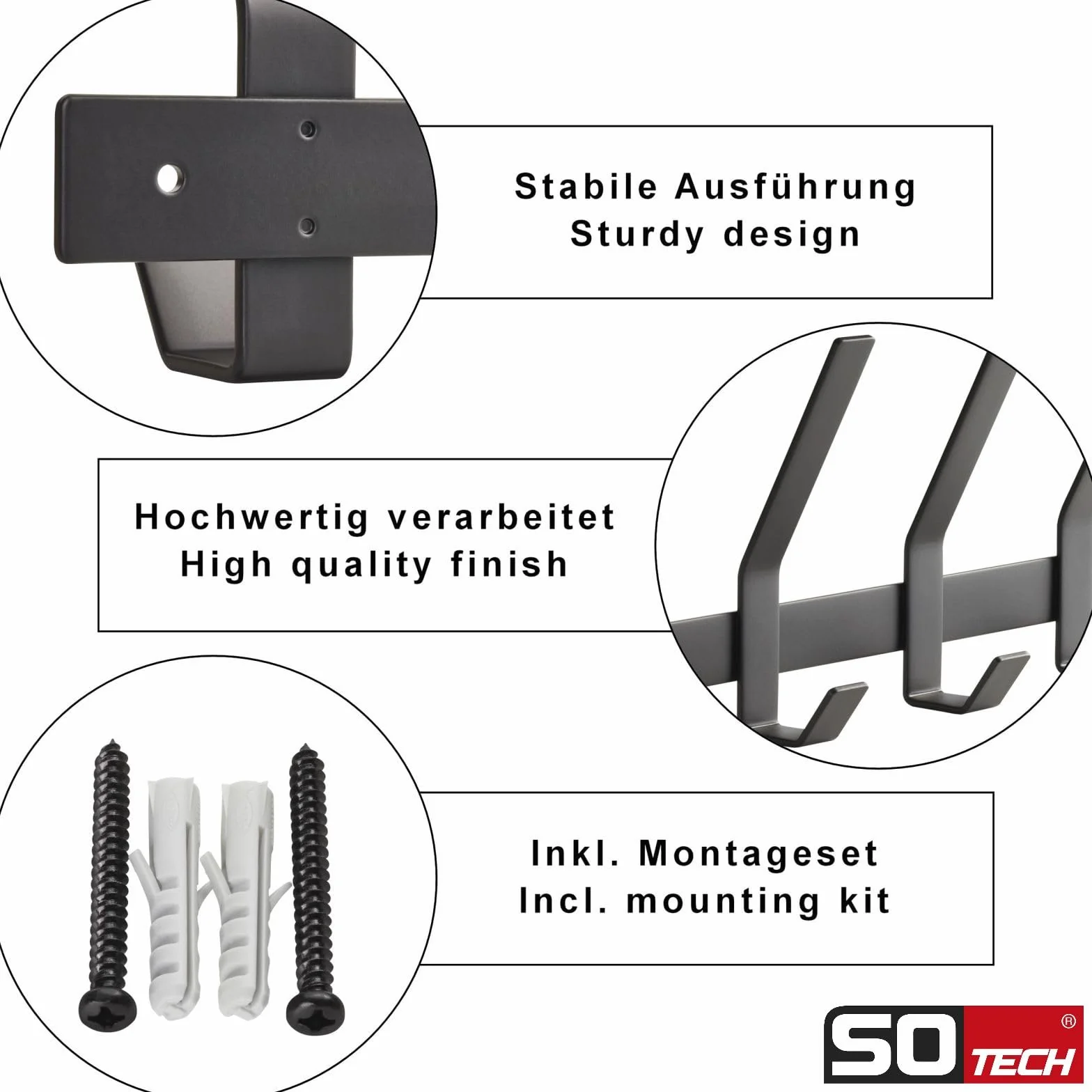 SOTECH Blackline ALBA Binario di aggancio 257 mm 3 ganci nero verniciato a polvere Appendiabiti da parete