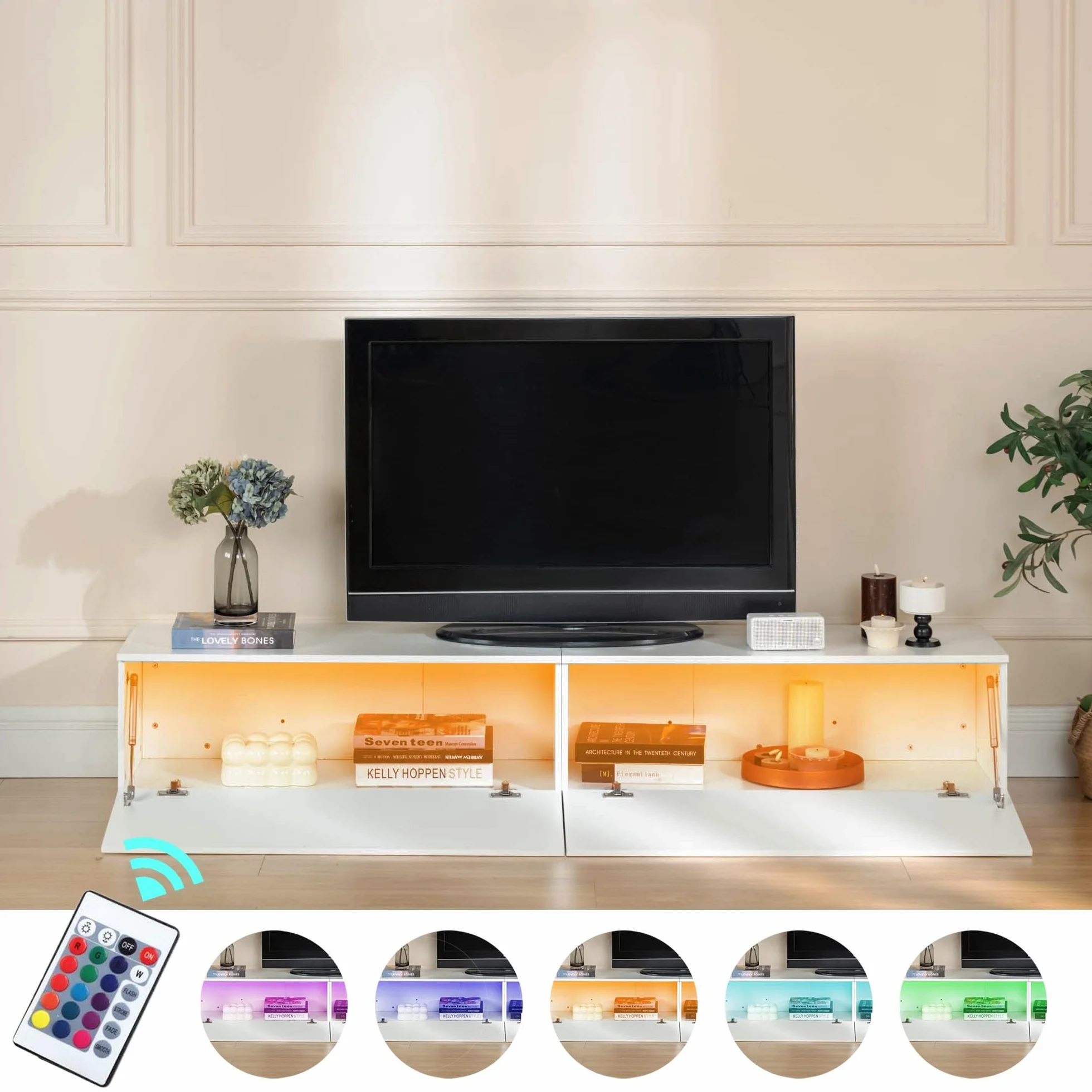 Mobile TV Bianco, 180x33x30cm, con Luce Led, con 2 Vani Portaoggetti, Mobile TV Sospeso per Soggiorno, Camera da Letto, Bianco