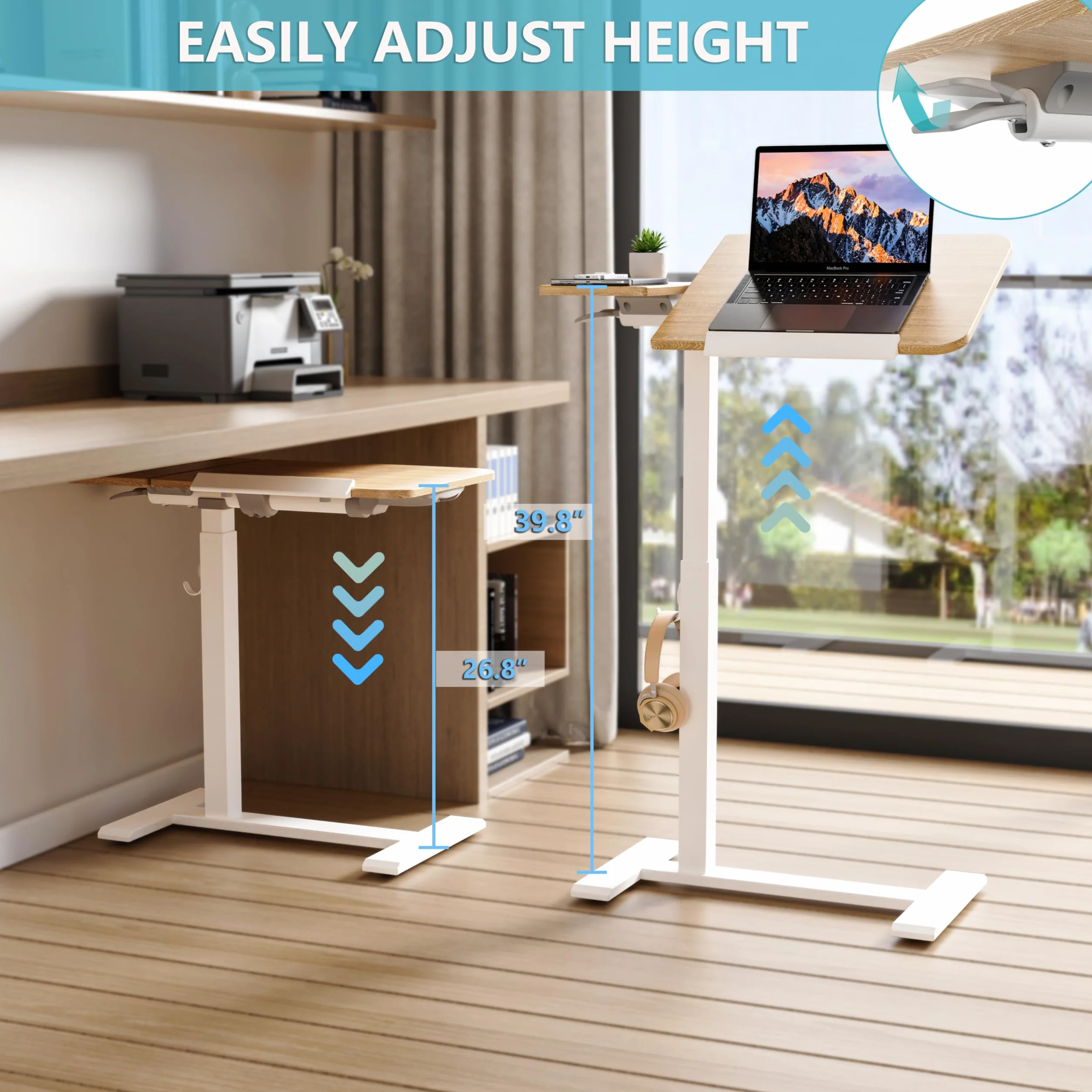 ETHU Tavolo per computer portatile regolabile in altezza, tavolino multifunzione con piano di lavoro inclinabile e ruote incassate, tavolo da letto portatile ergonomico per ufficio e casa (quercia)