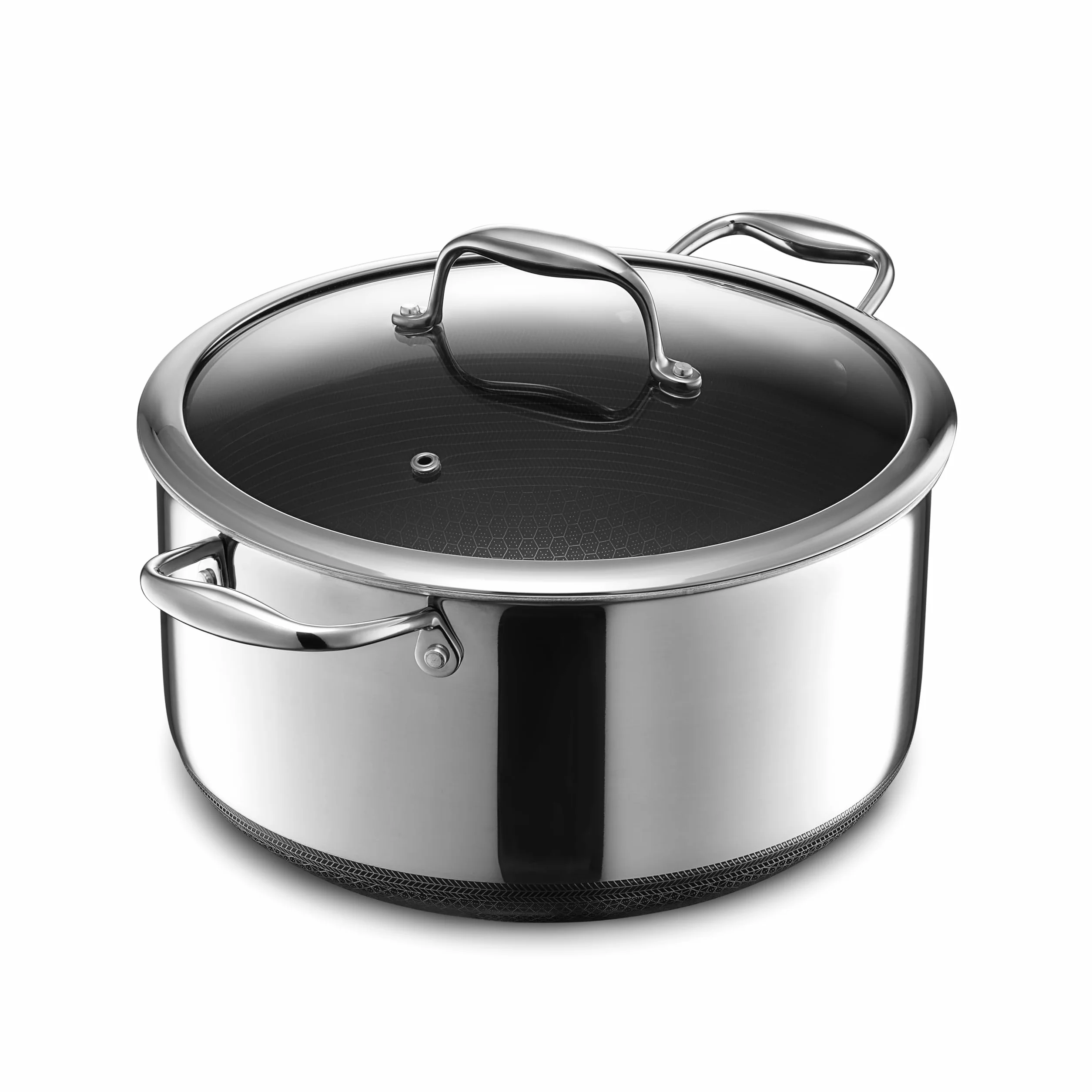 HexClad Pentola ibrida da 8 quarti in acciaio inox con coperchio in vetro, maniglie per rimanere fresche, facile da pulire, antiaderente senza PFOA, lavastoviglie, forno sicuro, funziona su piani