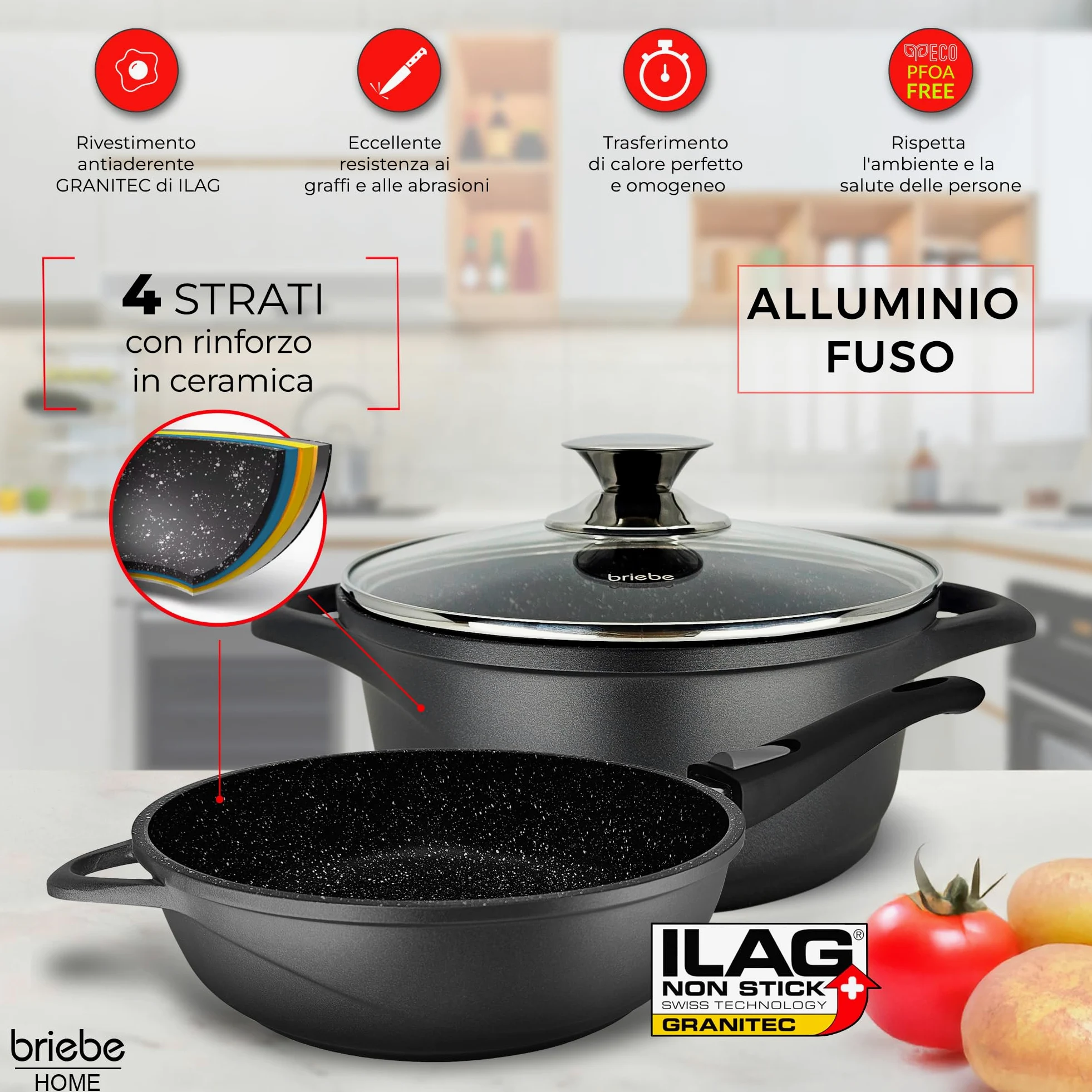 briebe Batteria da Cucina Induzione 12 Pezzi, set di 4 Pentole in Alluminio Fuso + 2 Padelle, Antiaderente ILAG GRANITEC senza PFOA, Coperchi in Vetro, Guanti in Silicone, Vetroceramica, Gas, Forno