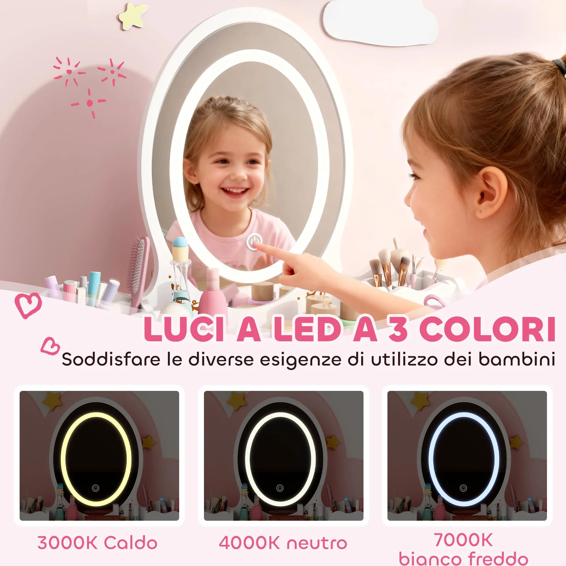 AIYAPLAY Set Toeletta 2 in 1 con Specchio Illuminato e Sgabello, Tavolo da Trucco con Luce LED a 3 Colori, 2 Cassetti e 2 Scatole in Legno, Tavolino per Bambini da 3+ Anni, Bianco