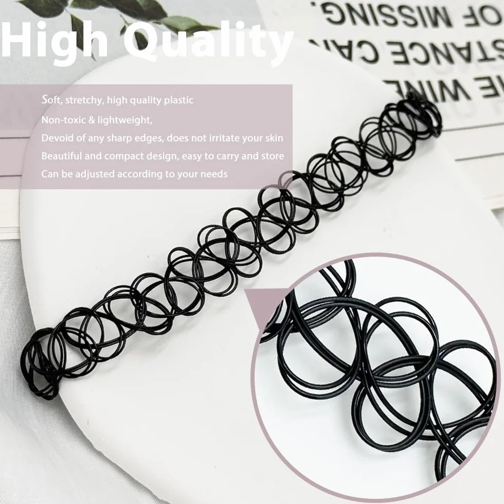 Set di 12 Collane Girocollo Nero Choker Gotiche Retrò Plastica Elastica