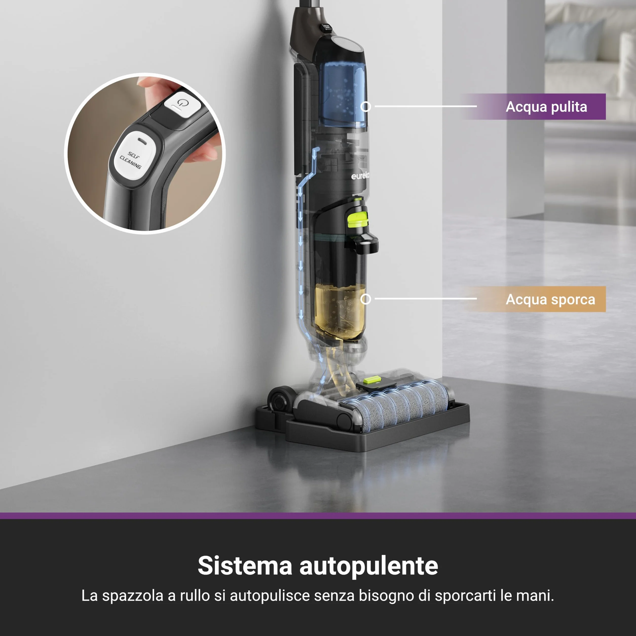 EUREKA NEW400 Lavapavimenti Senza Fili, Aspira e Lava in un Passaggio, 3,95kg Ultraleggero, Autopropulsione, 600ml+400ml Doppio Serbatoio, Batteria 2500mAh×6, Pavimento Asciutto 90%