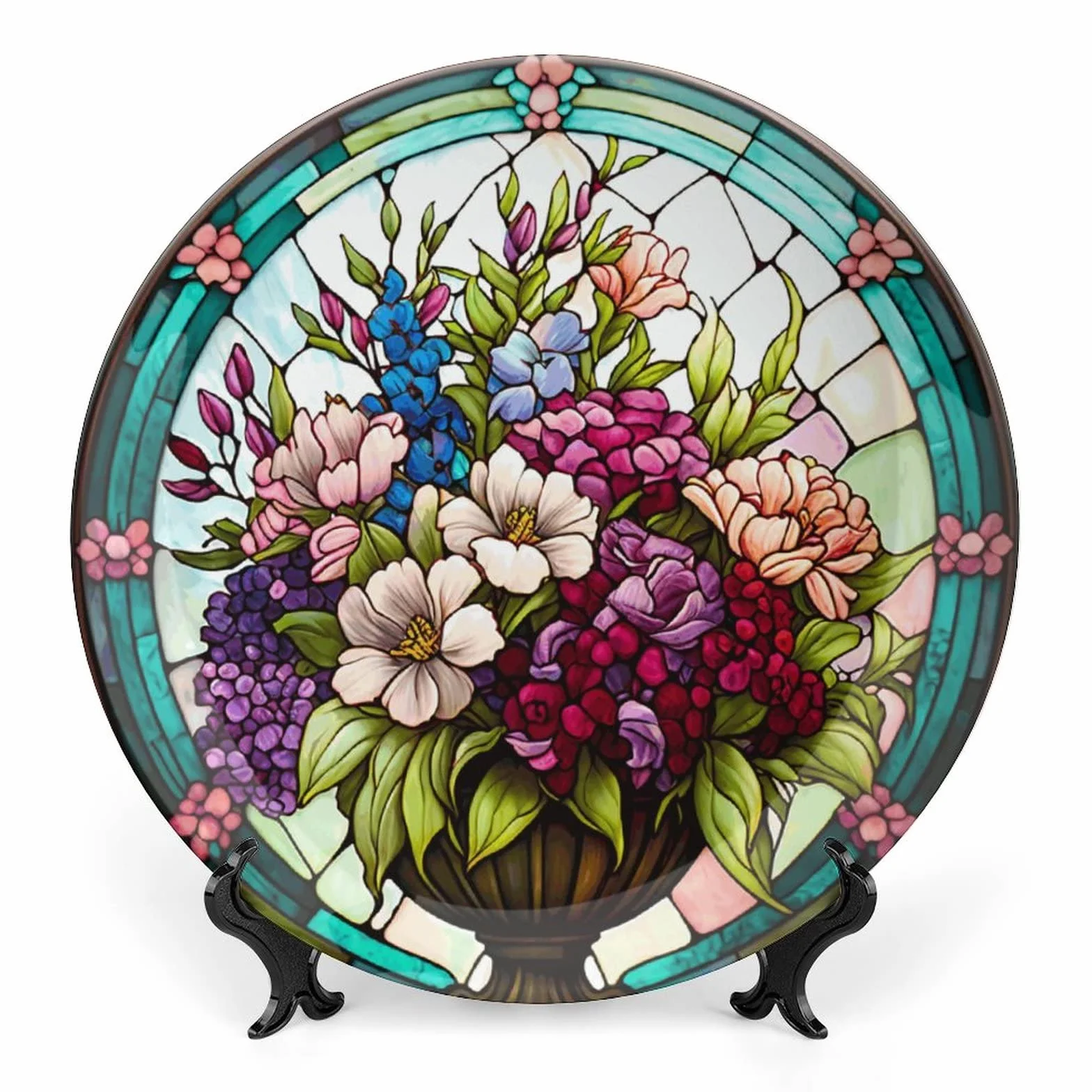 Piatti decorativi, in vetro colorato, bouquet di fiori, in ceramica, con supporto per la casa decorazione da appendere alla parete, per soggiorno, sala da pranzo, cucina, 2 casa, 25 cm