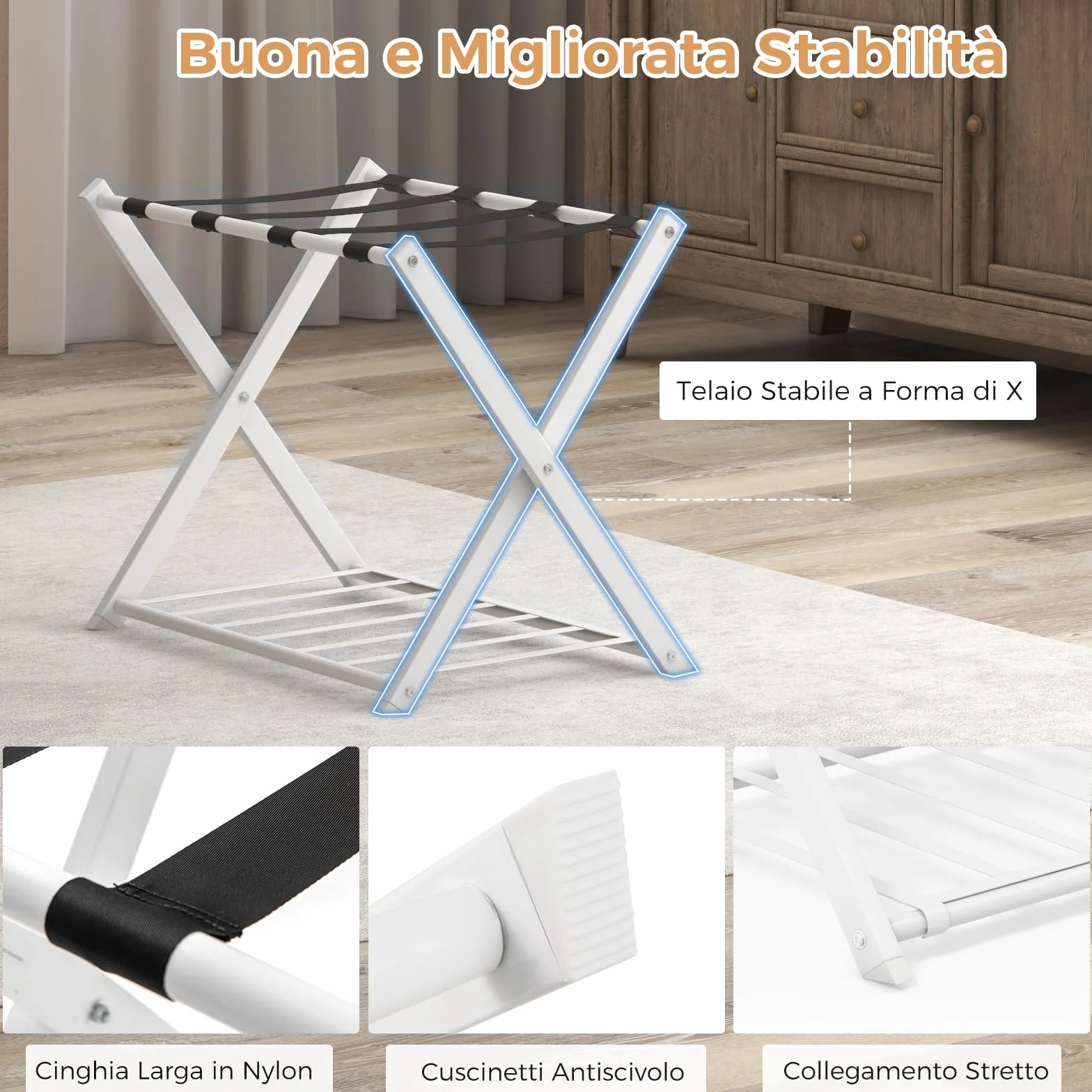 GYMAX Portavaligia da Hotel in Ferro 50 kg Pieghevole a 2 Ripiani 68x45x57 cm 2 Pezzi Bianco