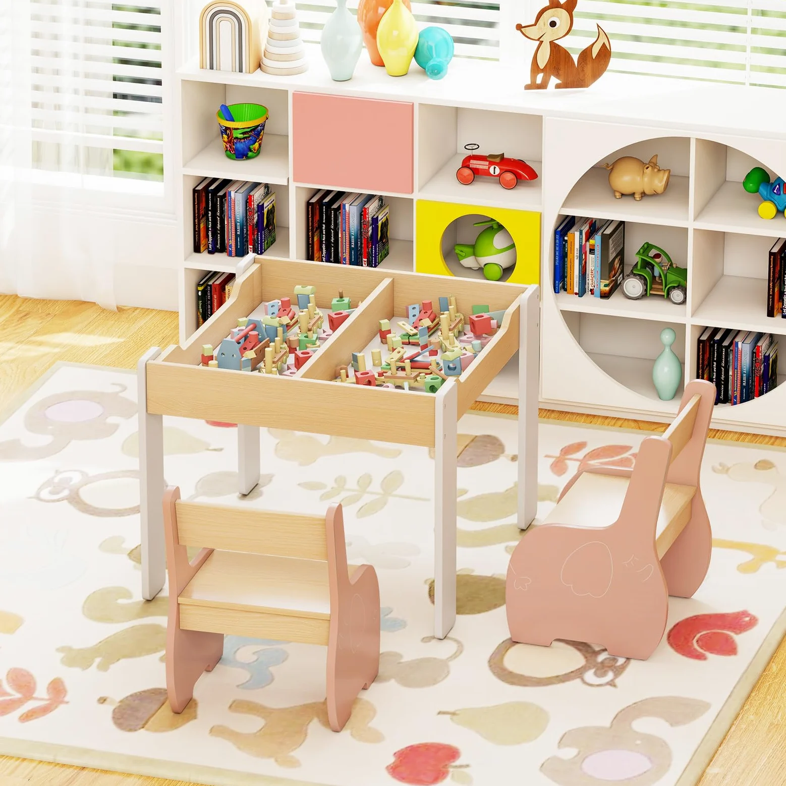 COSTWAY 3 in 1 Set Tavolo e Sedie per Bambini, Tavolo da Attività per Bambini con 2 Sedie, Lavagna Rimovibile e Deposito, per Giocare, Disegnare e Leggere, in Legno (Rosa)