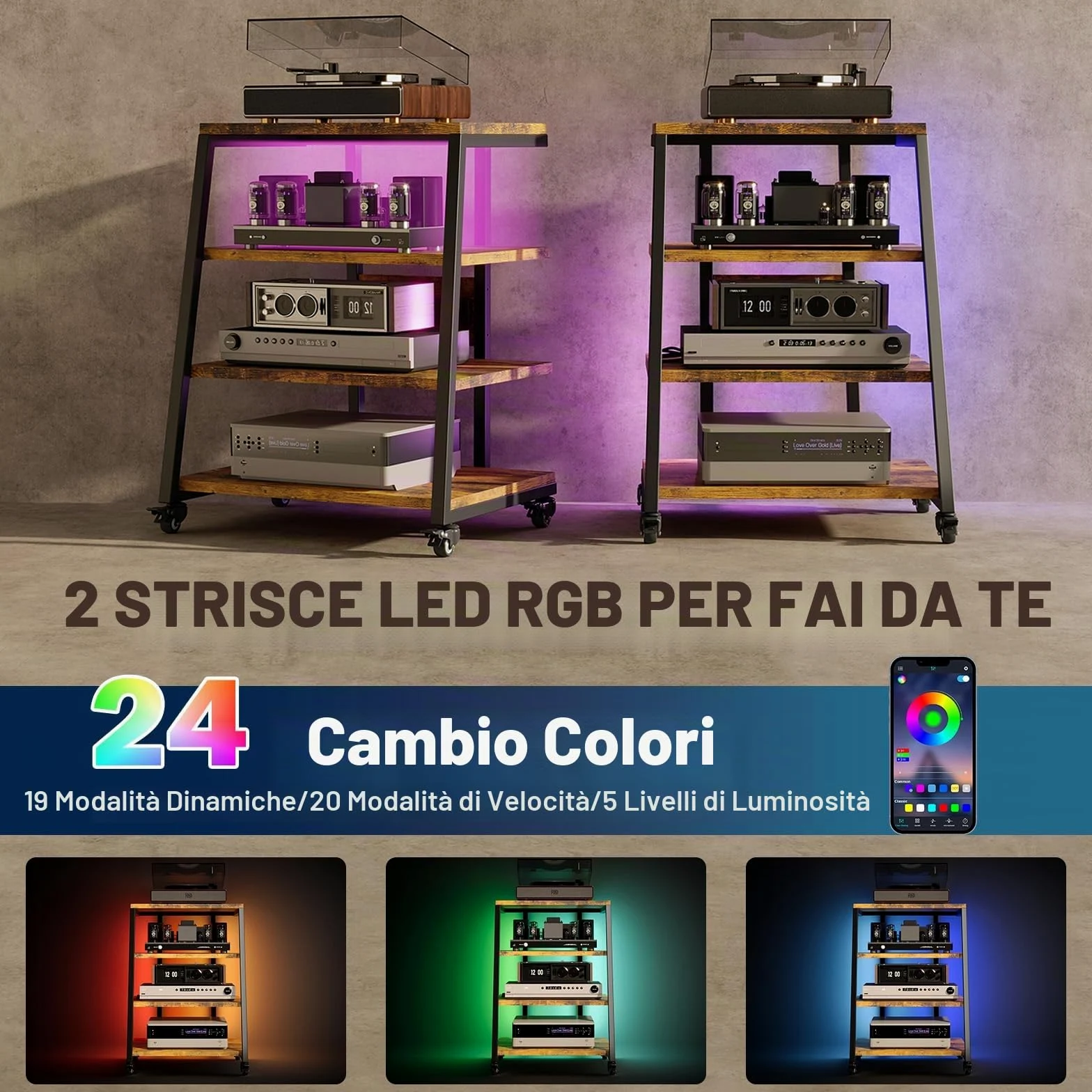 Mobile HIFI con ruote, Mobile Giradischi con 4 Ripiani e luce a LED, Supporto HIFI di altezza regolabile per Amplificatore/DVD Player/Sky Box