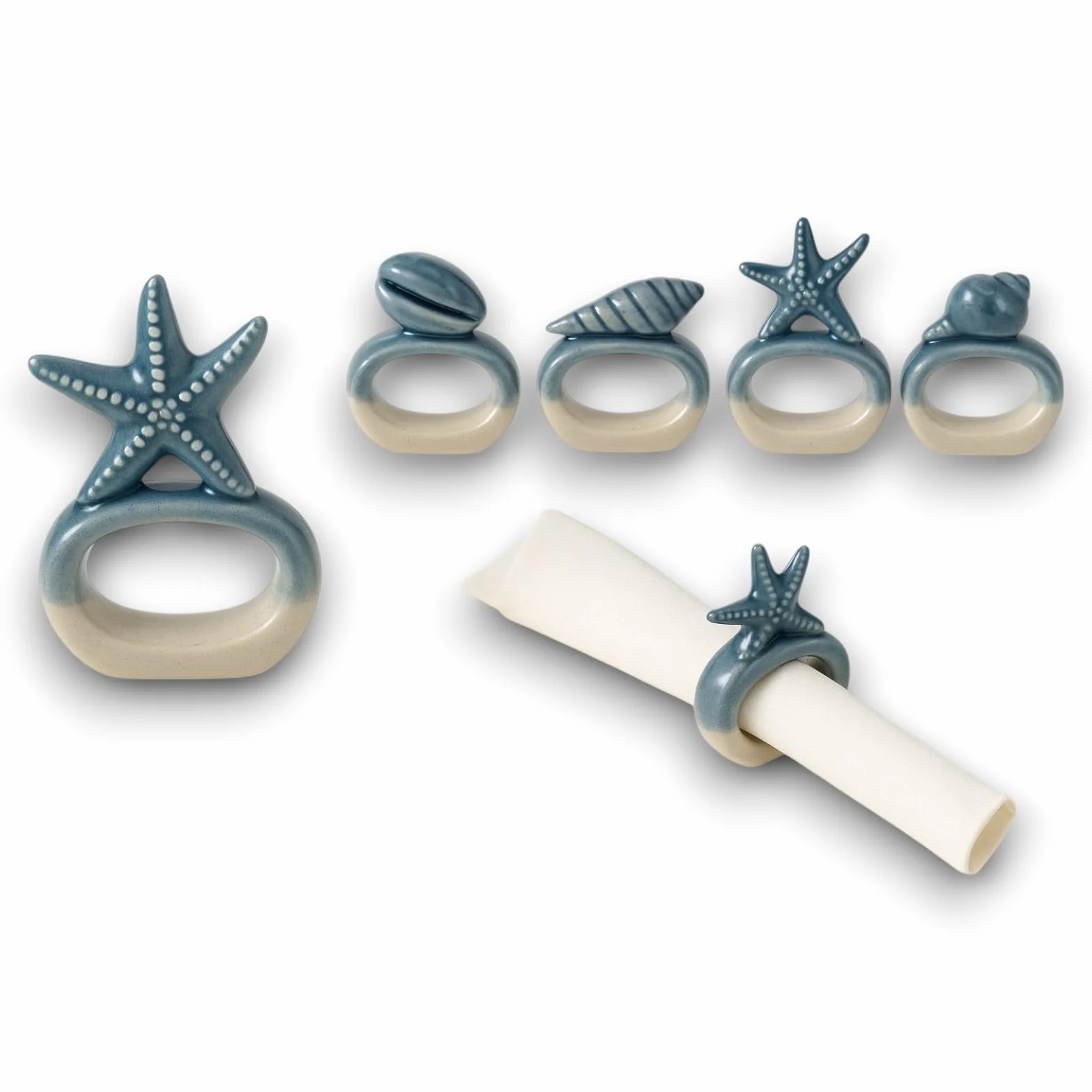 MARINE 12x PORTATOVAGLIOLI in CERAMICA anello per tovagliolo Complemento per Tavola Cucina Tema Mare Decorazione per la Casa, Spiaggia, Barca Decorazioni (Bianco e Azzurro) 6x3x h.3,5 cm