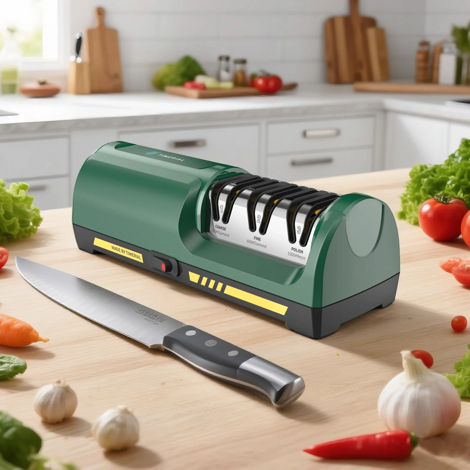 Affilacoltelli elettrico con disco abrasivo diamantato a 3 stadi e guida angolare 15° per coltelli da cucina