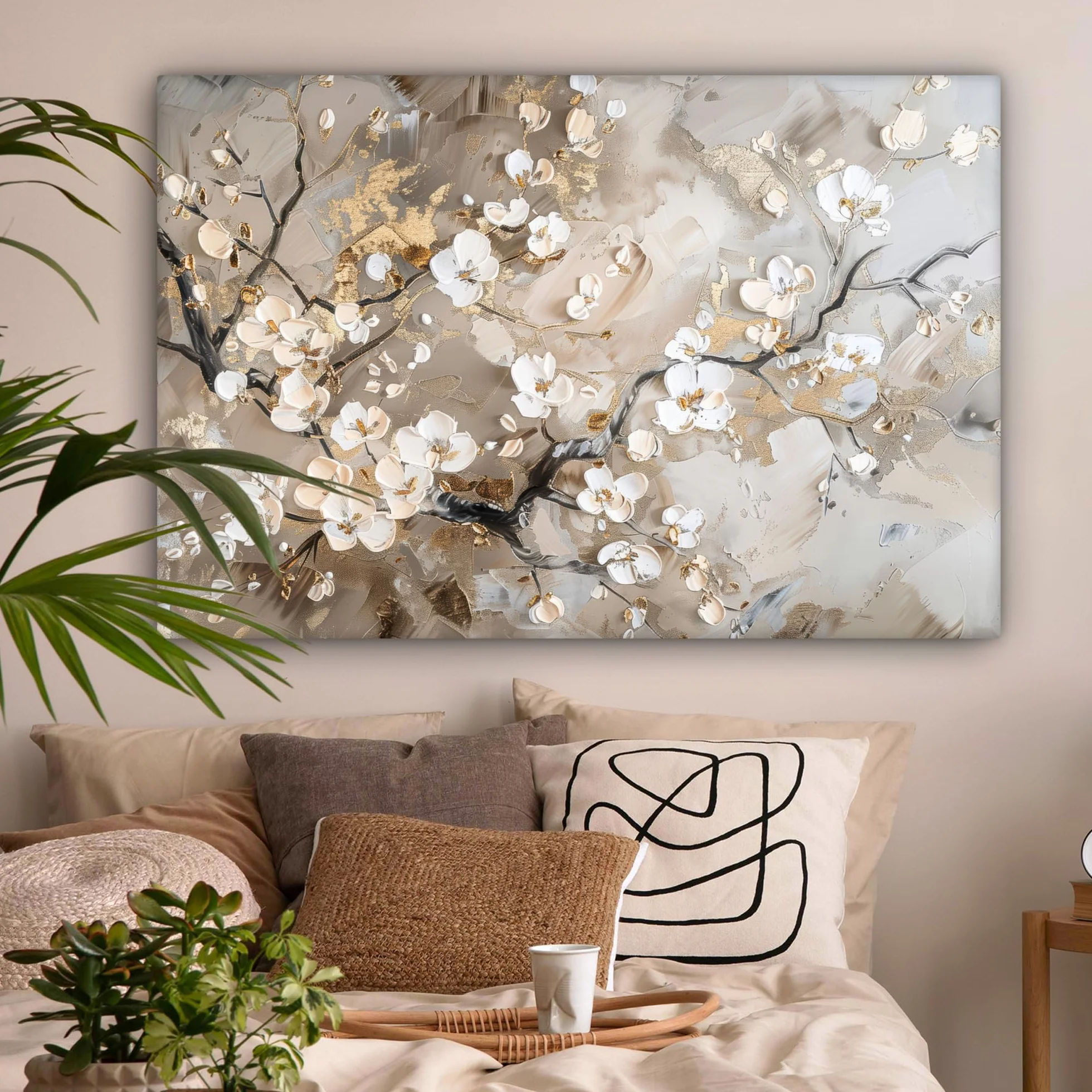 MuchoWow Stampa Foto 120x80 cm Quadro Moderno Stampe Da Parete Canvas Fiori Bianco Oro Beige