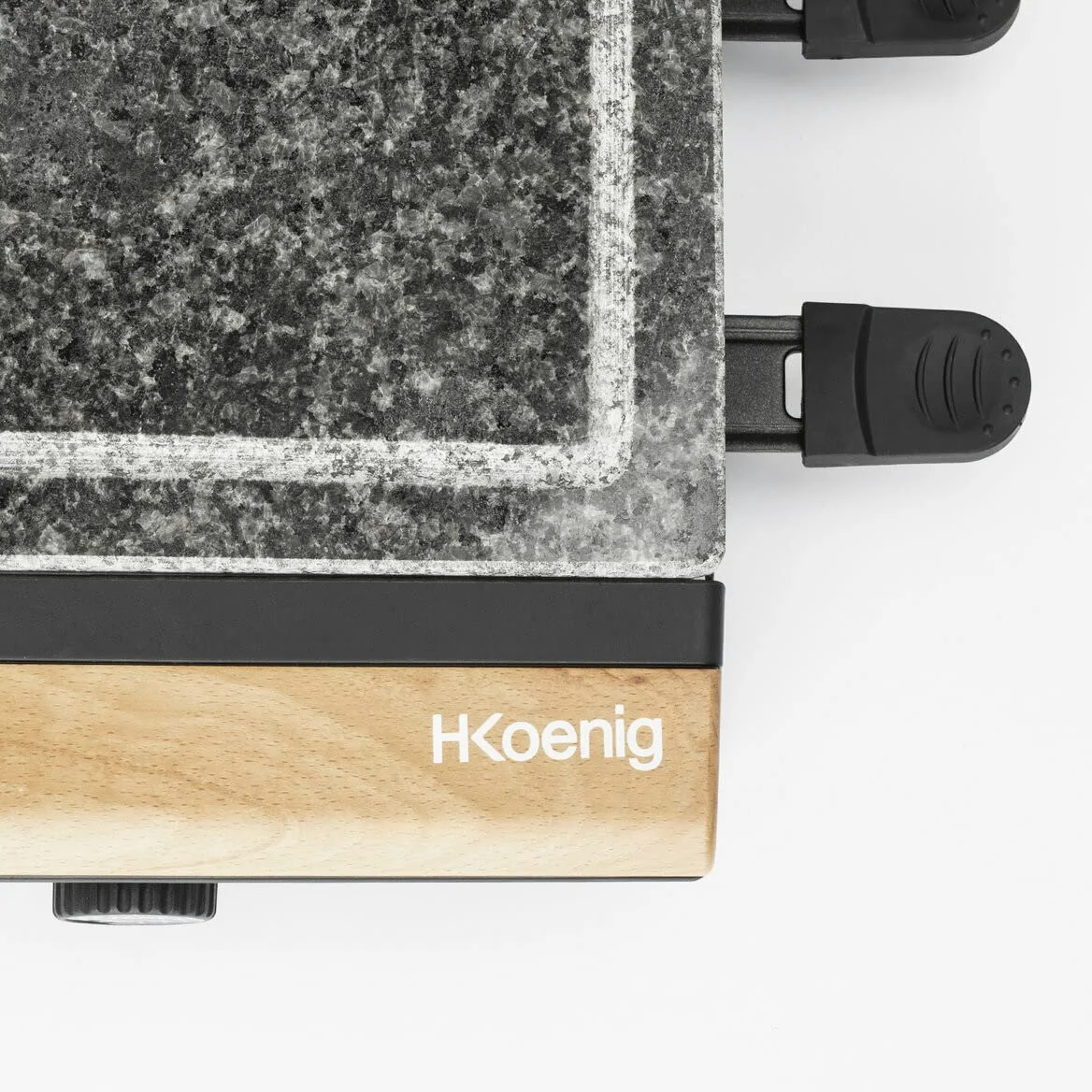 H.Koenig Pietra di cottura 2 in 1 con apparecchio per raclette da 8 persone RP328 design in legno, griglia multifunzione in granito,pietra rimovibile, Accessori: 8 teglie antiaderenti