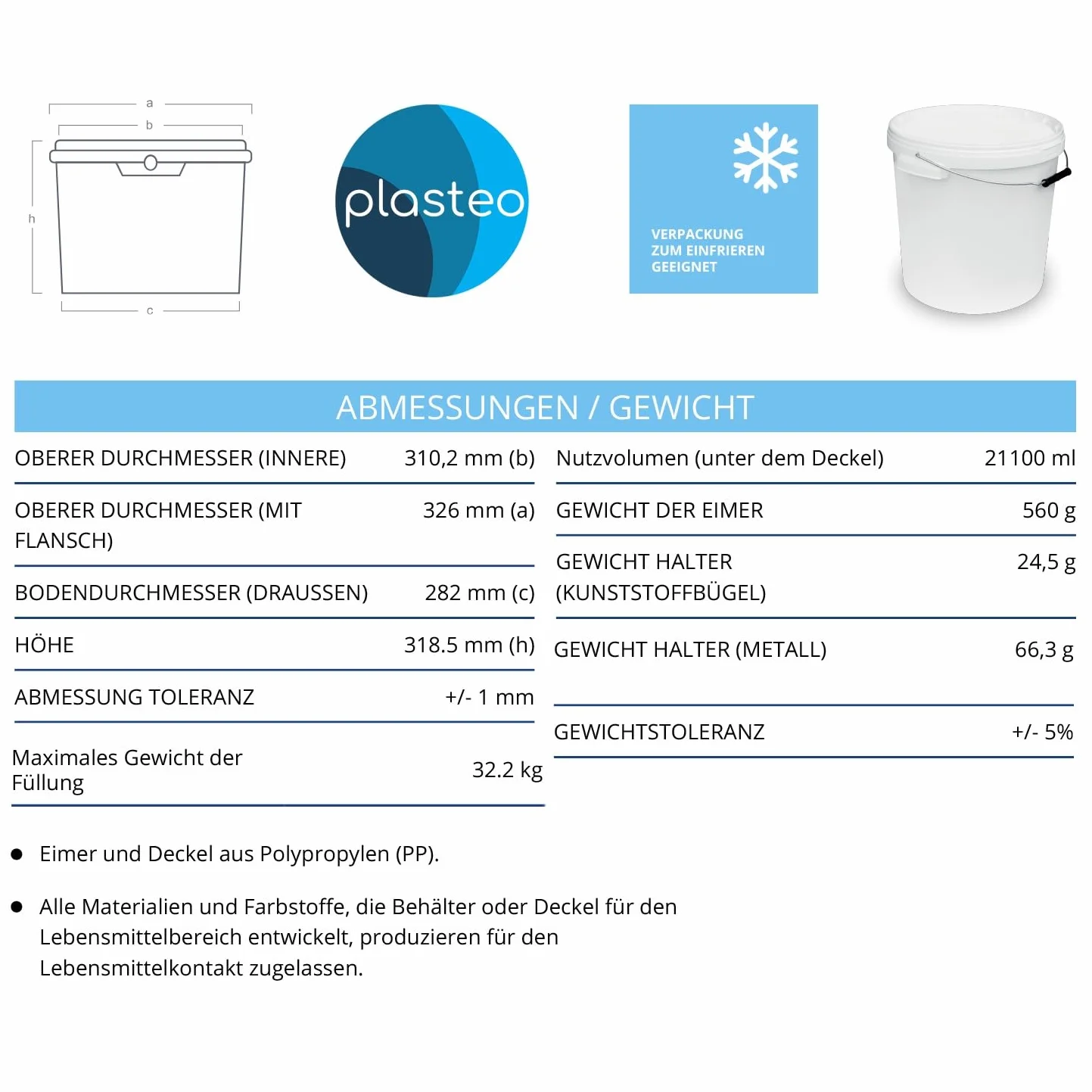 Secchio in plastica, 20 litri, bianco traffico, con coperchio