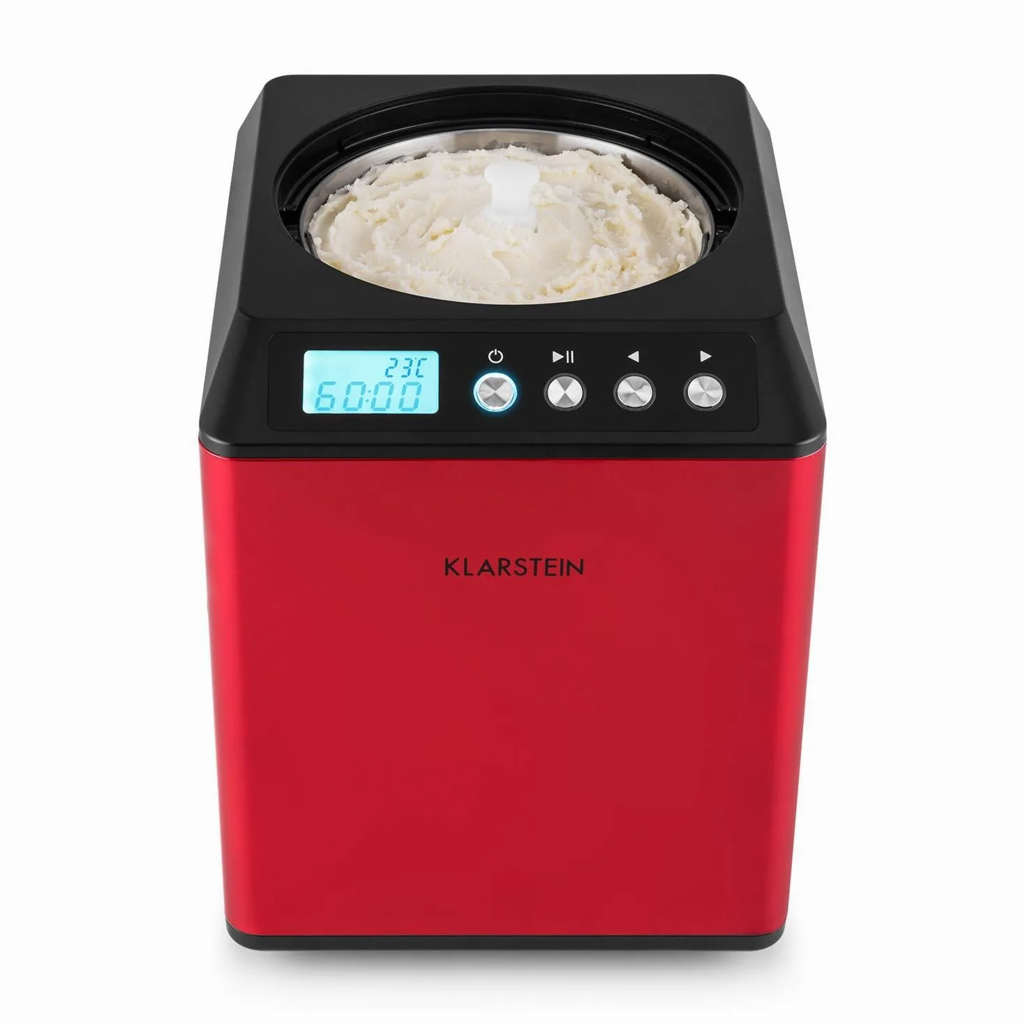 Klarstein Vanilla Sky - Macchina per Gelato, Funzione di Raffreddamento, Timer, 3-4 min, Display LED, Facile da Pulire, Acciaio Inox, Cucchiaio, 18 Watt, Capacità: 2 Litri, Rosso