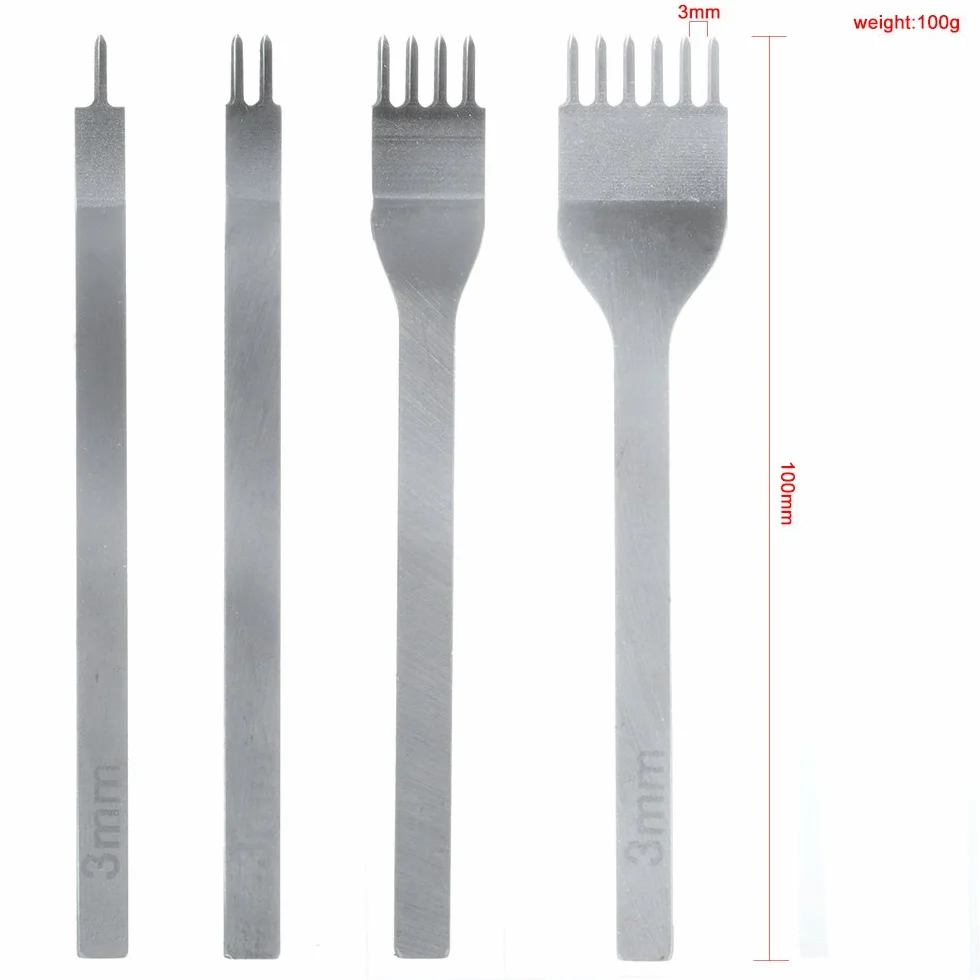 Leathercraft Tools - 4pcs Punzoni 3-6mm 1 + 2 + 4 + 6 Denti Cuciture Scalpello Tool , Strumento Pelle Punzoni Coltello per Pelletteria Foro Punzonatrice per Fai Da Te, Fare Punti di Cucitura Perforatore, Stitching Hole Punch