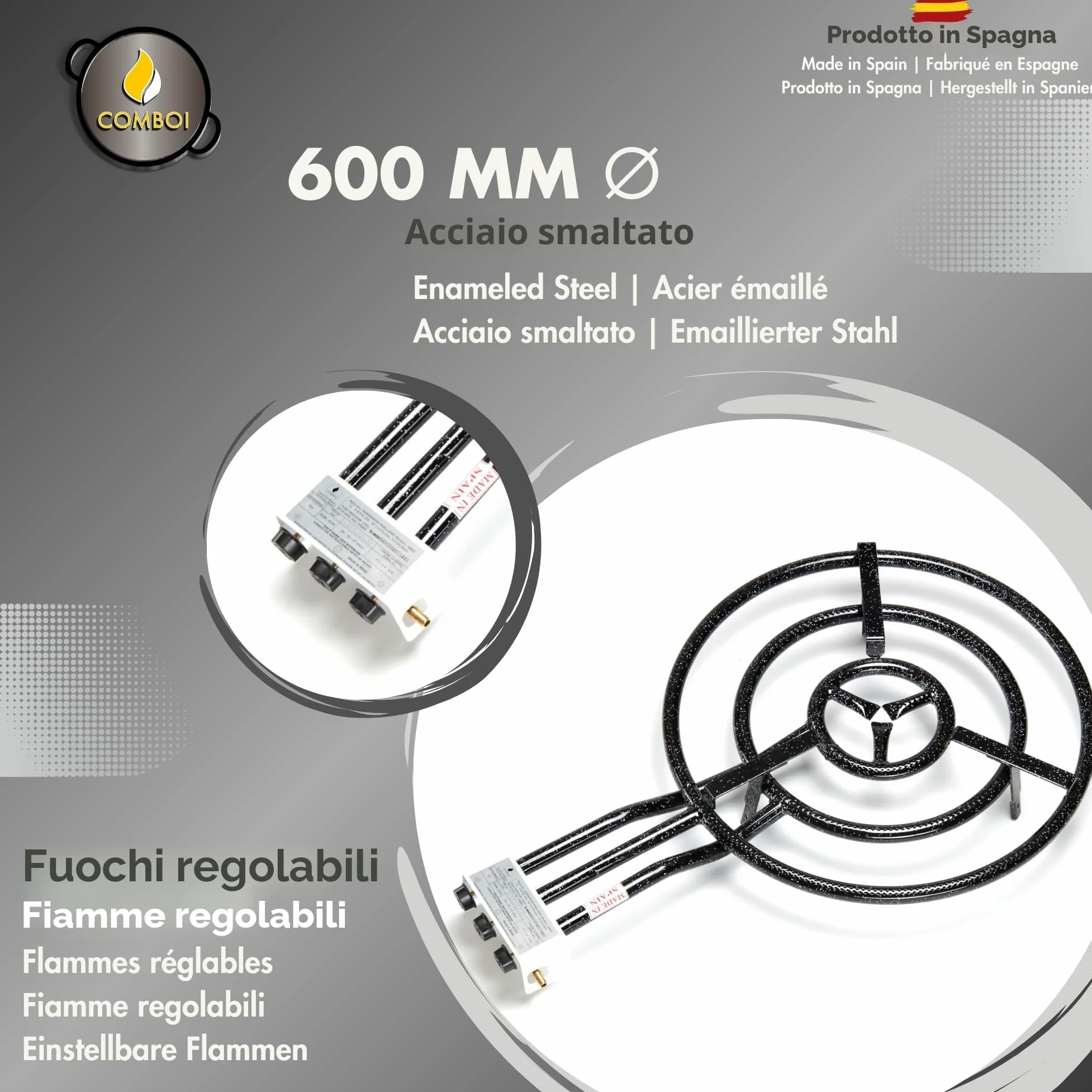 COMBOI - Paellero a gas butano 60 cm, paellera 70 cm e libro di ricette digitale, bruciatore a gas a tre rostri.