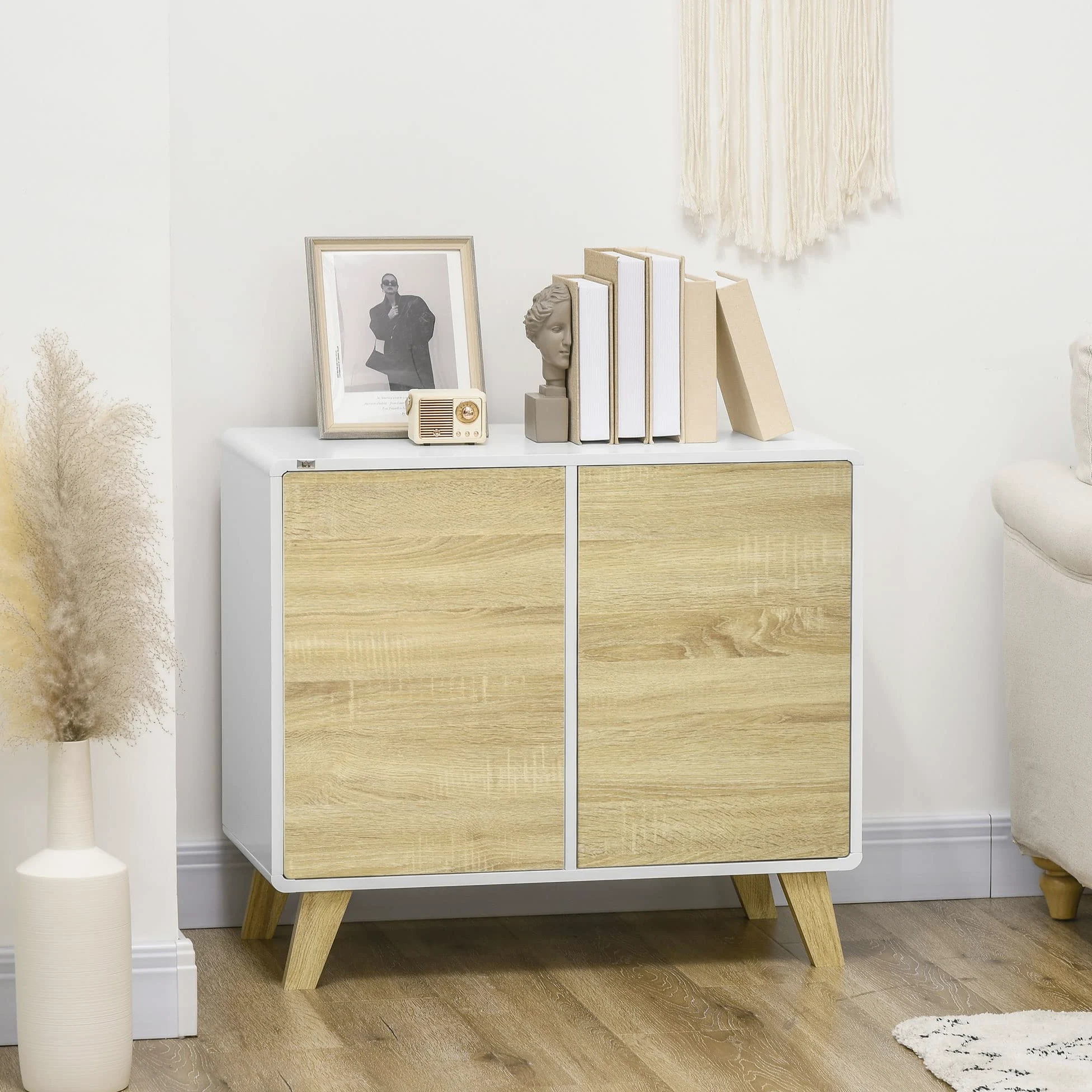 HOMCOM Mobile Multiuso con 2 Ante, Mobile Multiuso con Ante a Pressione e Mensole Regolabili, Mobiletto Salotto e Camera in Legno, 80x40x70cm, Bianco e Quercia