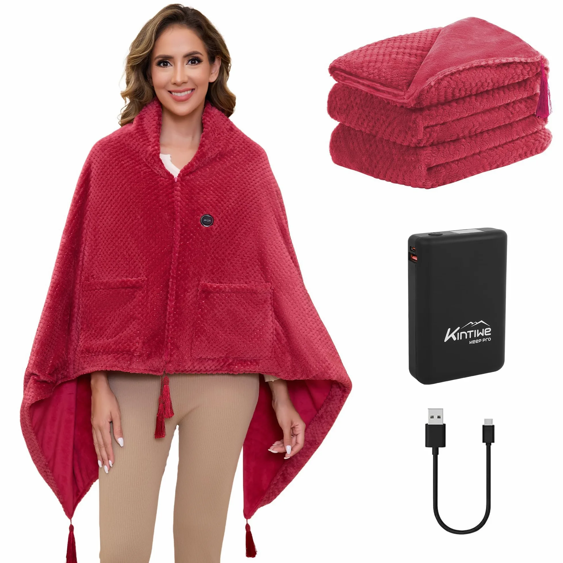 Coperta Riscaldante Elettrica con 20000 mAh Batteria senza fili, Coperta Indossabile Termica Elettrica con 4 Zone di Riscaldamento e 3 Livelli di Temperatura (Rosso, 100 x 150 cm)