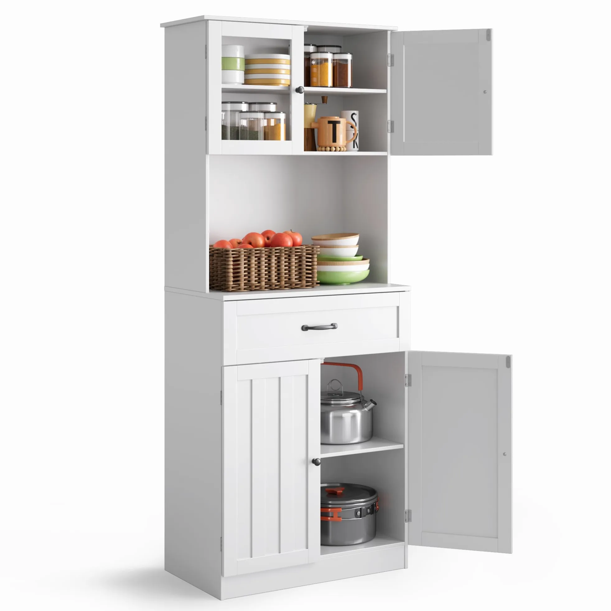 Credenza Cucina Alta,Mobile Dispensa Cucina,Armadio Buffet con 4 Ante e 1 Cassetti,con Ripiani Regolabili Scaffale per Microonde,73 x 40 x 180CM, Bianco