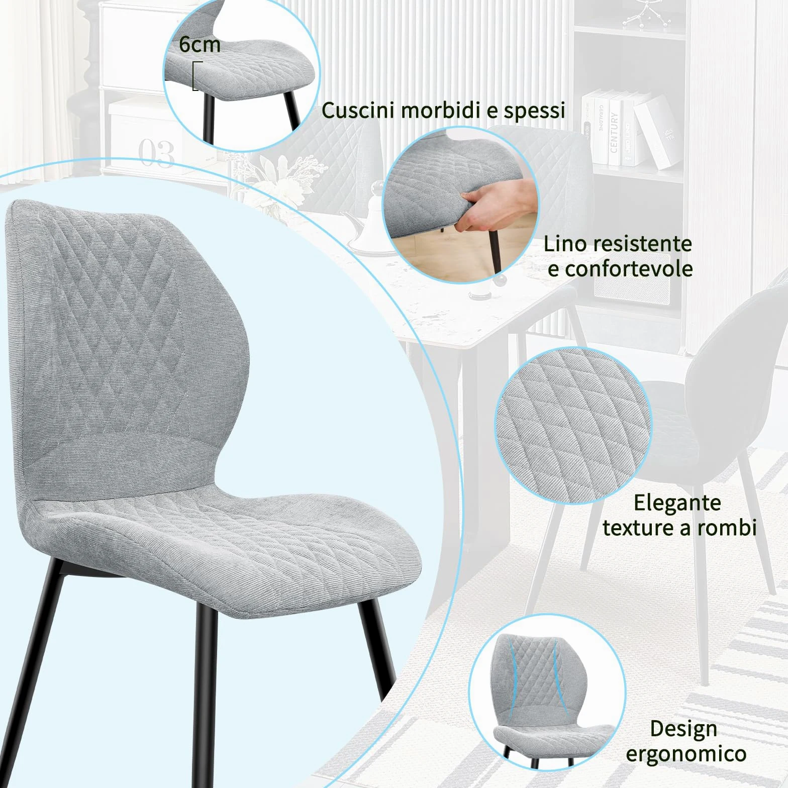 JIJIAN set di 6 Sedie da Pranzo Imbottite in Lino Naturale, Design Ergonomico Moderno per Cucina, Sala da Pranzo, Soggiorno, Camera da Letto, Reception, Grigio