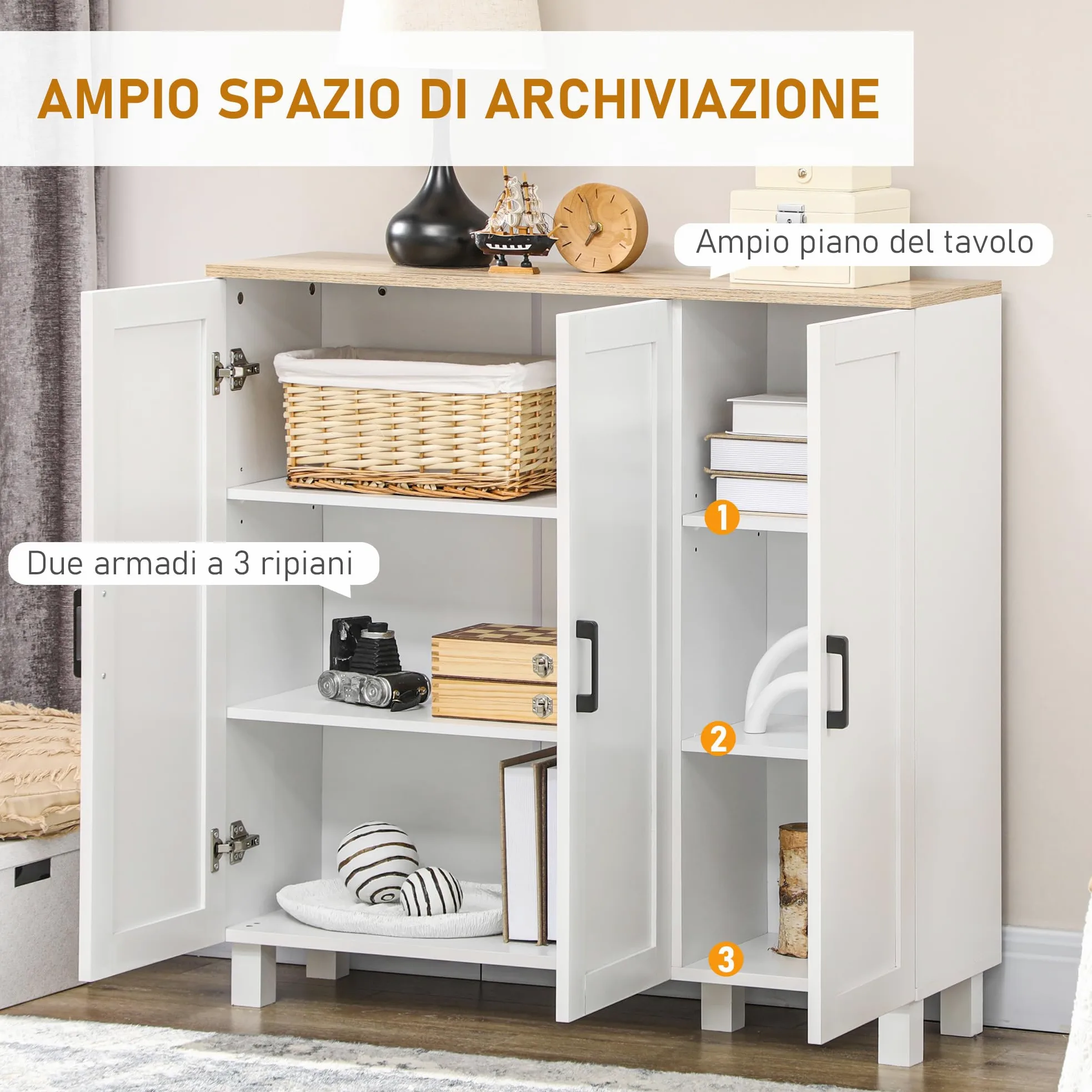 HOMCOM Credenza Cucina in Legno, Mobile Cucina a 3 Ante, Ripiani Regolabili, Stile Scandinavo, Credenza Buffet per Soggiorno, Salotto, Sala da Pranzo, 90x30x90cm, Bianco