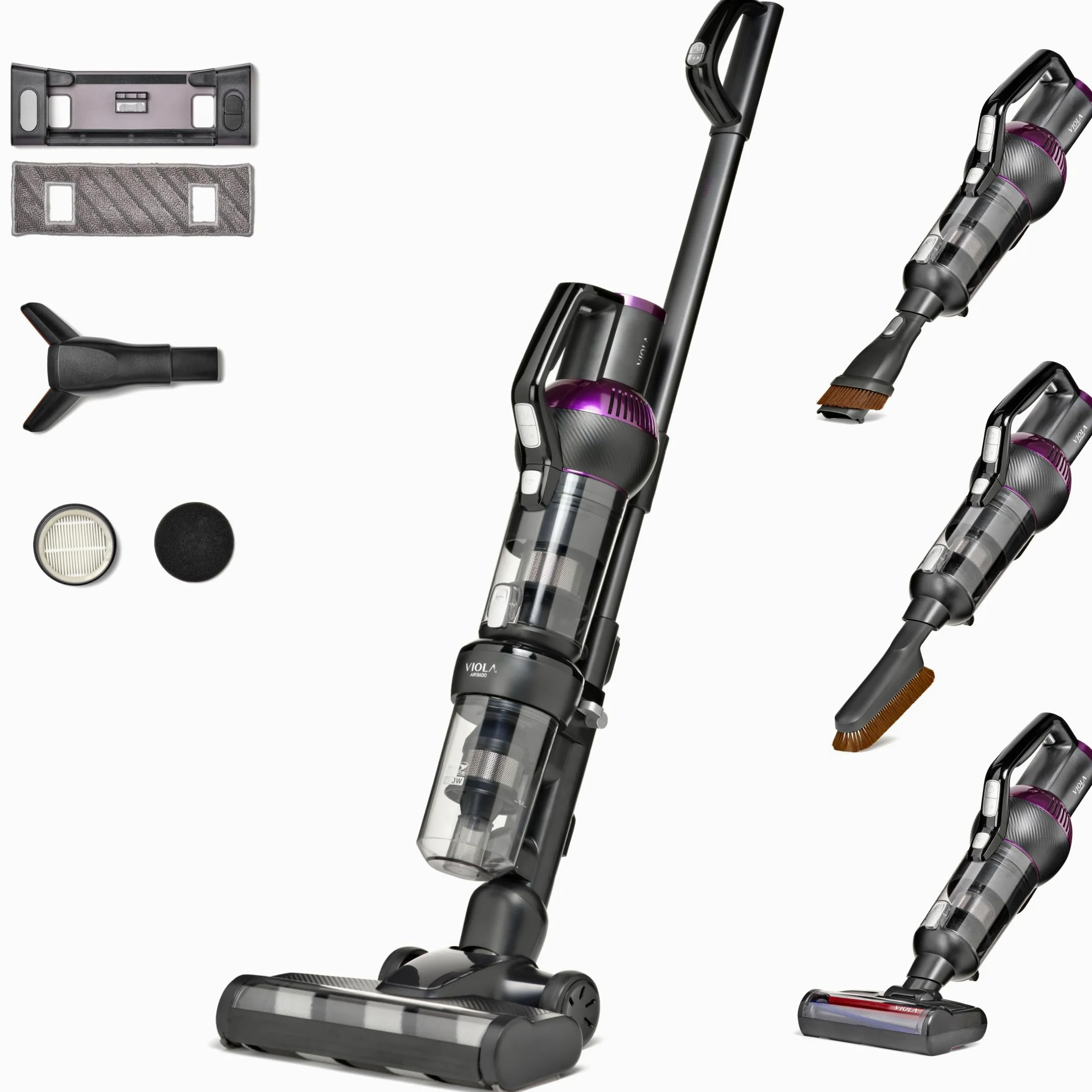 VIOLA Aspirapolvere Senza Fili, 80Min/28,8V/600W Scopa Elettrica Senza Fili, Aspirapolvere Potente, Aspirapolvere Verticale con Batteria Rimovibile per Tappeti/Peli Animali, Divani, Nero