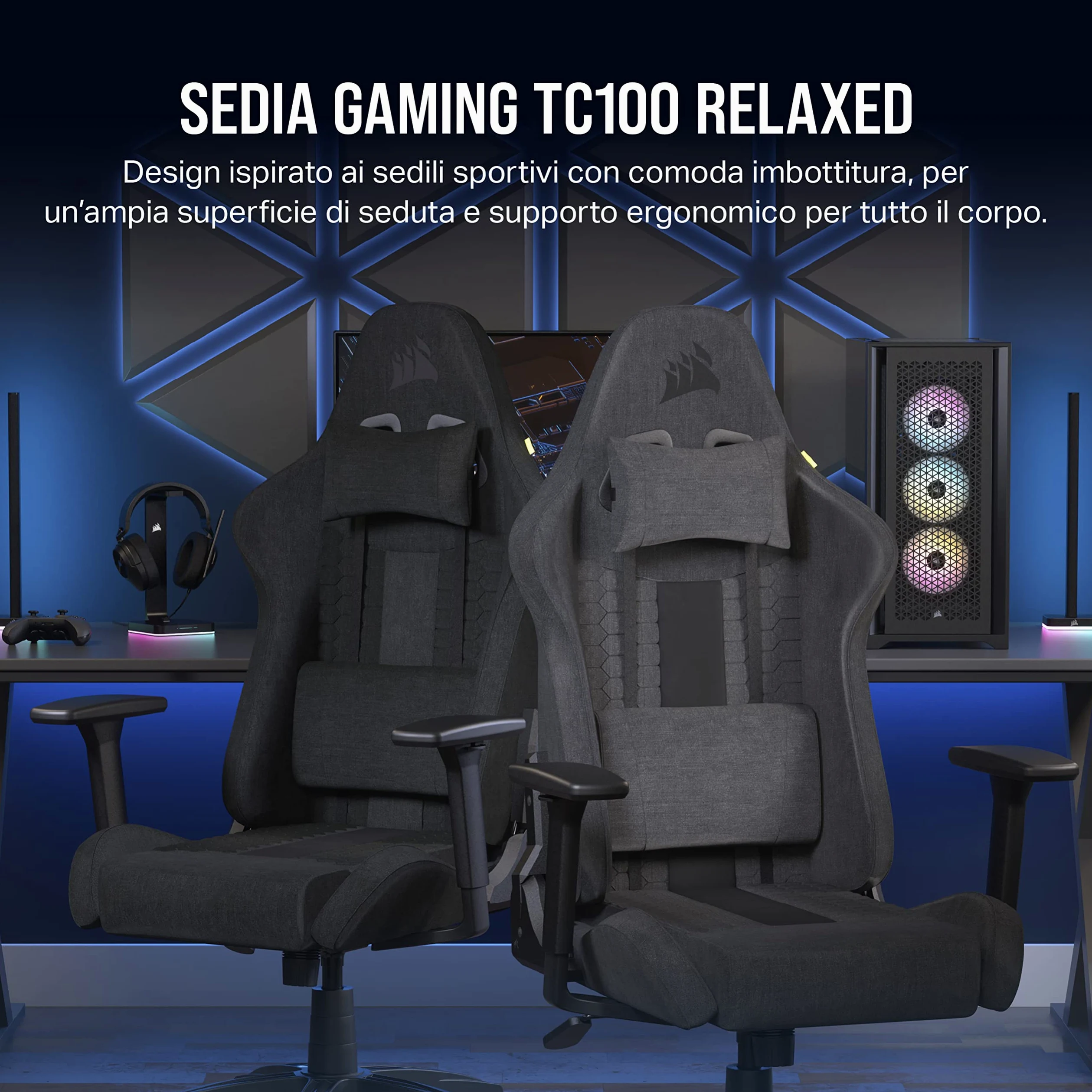 Corsair TC100 Relaxed-Rivestimento in Tessuto Gaming Chair, Nero | Rivestimento in Tessuto, Design Ispirato ai Sedili Sportivi, Cuscino Lombare, Cervicale in Memory Foam, Braccioli Regolabili